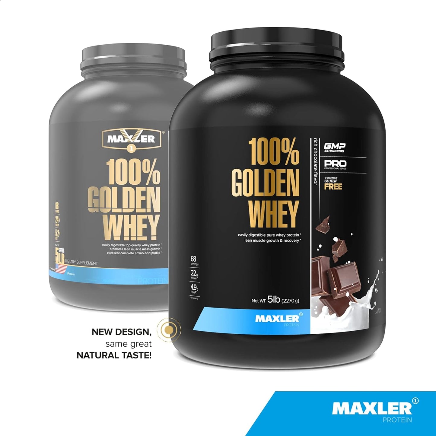 Maxler Golden Whey Protein Powder - 22g Protein per Serving - Rich Chocolate Flavor - High Protein, Low Fat, Low Carb - 5 lbs Bag