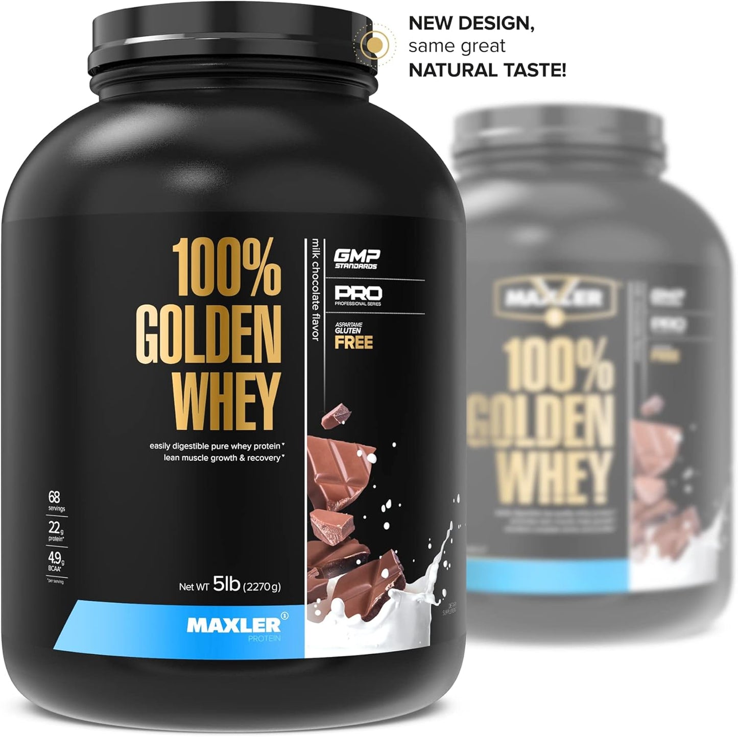 Maxler Golden Whey Protein Powder - 22g Protein per Serving - Fast-Absorbing Blend for Pre & Post Workout - Milk Chocolate Flavor - 5 lb Jar