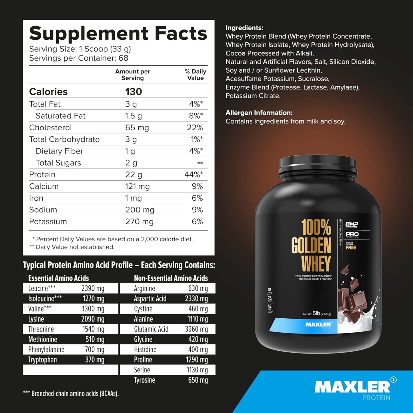 Maxler Golden Whey Protein Powder - 22g Protein per Serving - Rich Chocolate Flavor - High Protein, Low Fat, Low Carb - 5 lbs Bag