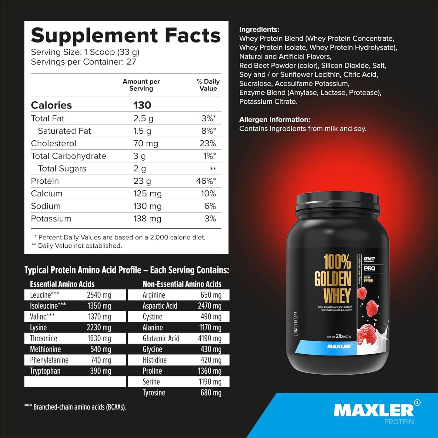 Maxler Golden Whey Protein Powder - 23g Premium Blend for Pre, Post, Intra Workout - Fast-Absorbing Strawberry Cream - 2 lbs