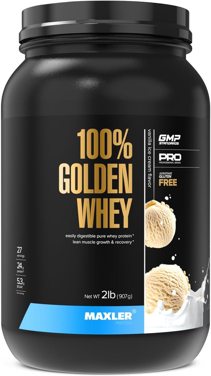 Maxler Golden Whey Protein Powder - 24g per Serving - Pre, Post & Intra Workout - Fast-Absorbing Blend - Vanilla Ice Cream Flavor - 2 lbs
