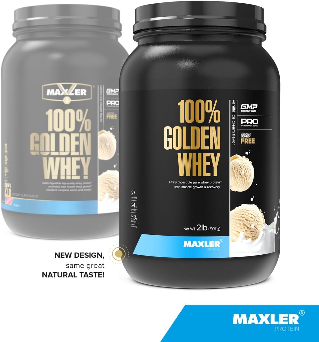 Maxler Golden Whey Protein Powder - 24g per Serving - Pre, Post & Intra Workout - Fast-Absorbing Blend - Vanilla Ice Cream Flavor - 2 lbs