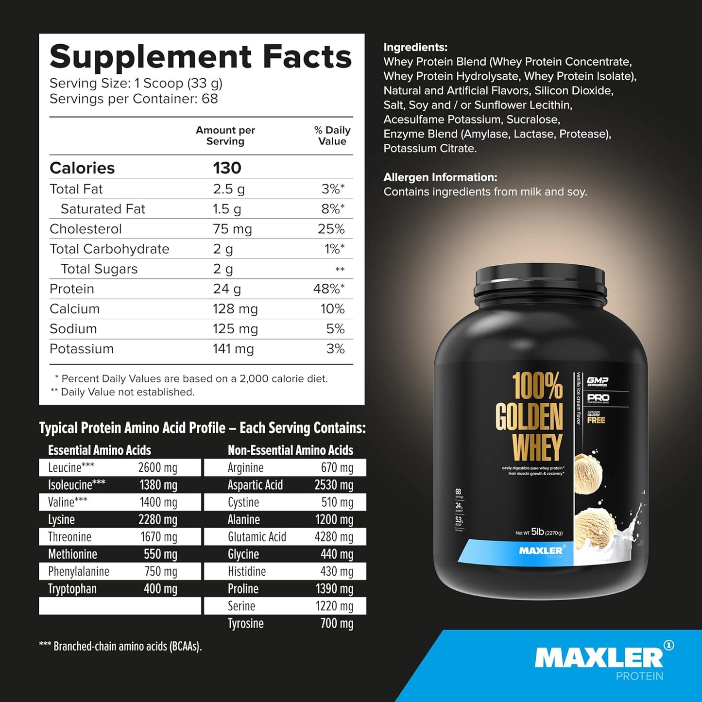 Maxler Golden Whey Protein Powder - 24g per Serving - Pre, Post & Intra Workout - Fast-Absorbing Blend - Vanilla Ice Cream 5 lbs