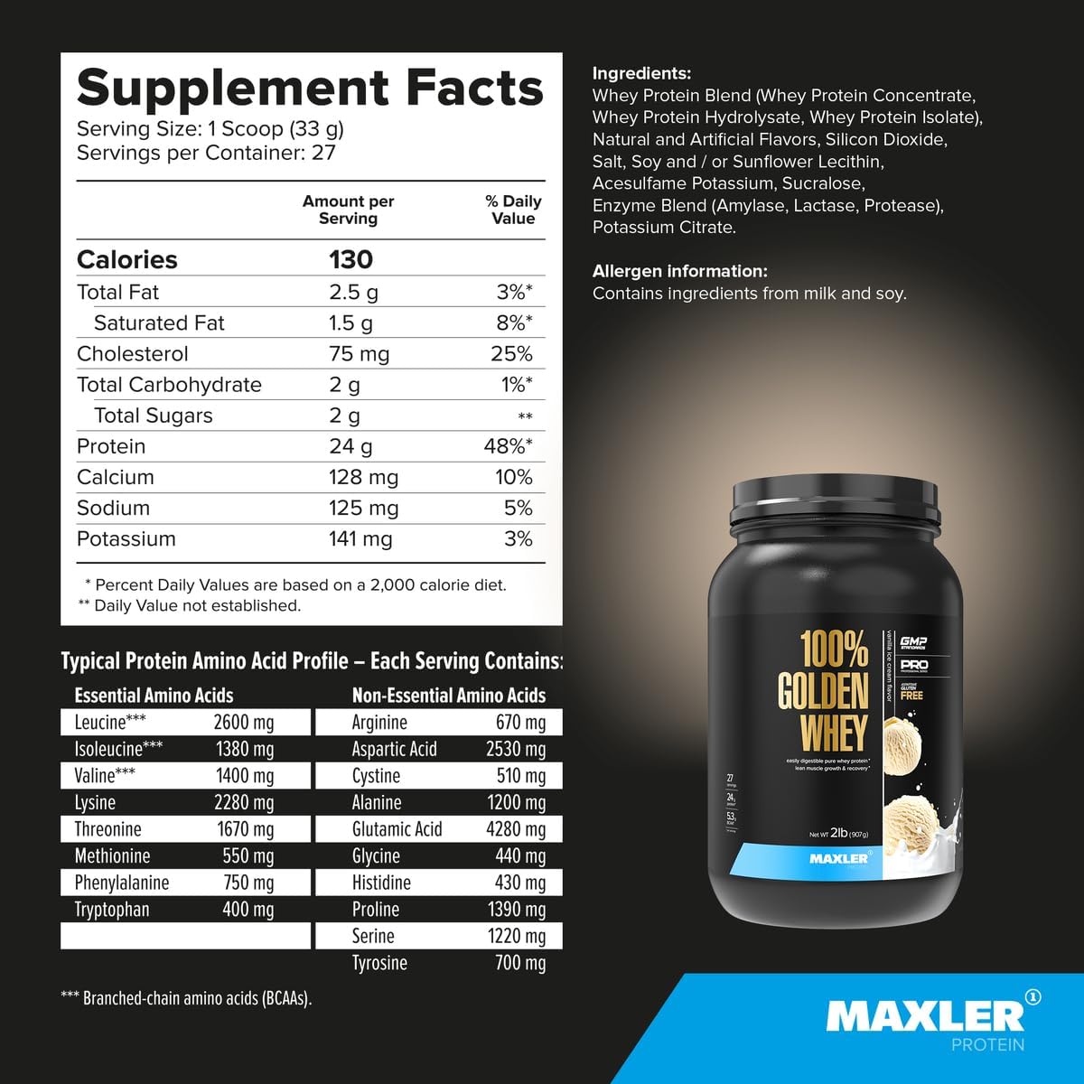 Maxler Golden Whey Protein Powder - 24g per Serving - Pre, Post & Intra Workout - Fast-Absorbing Blend - Vanilla Ice Cream Flavor - 2 lbs