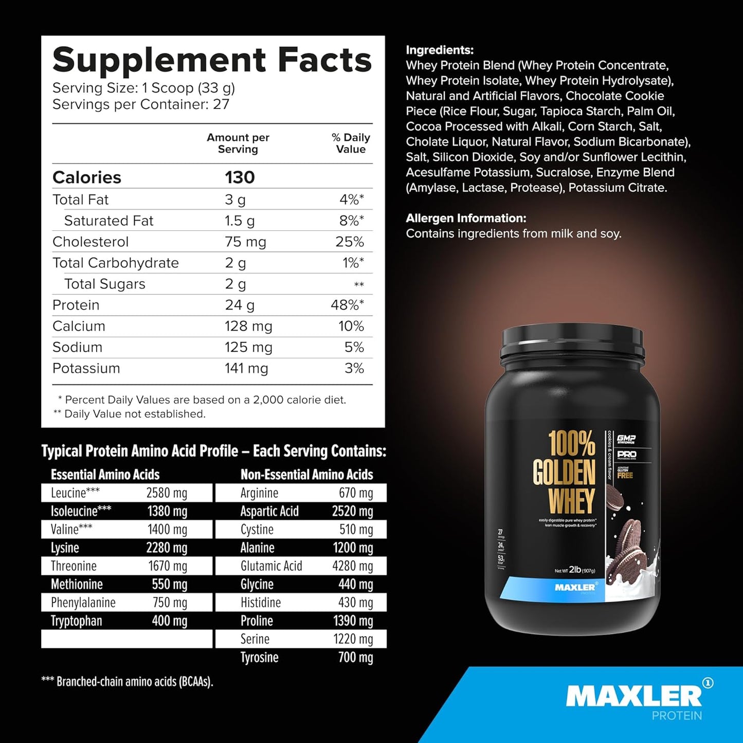 Maxler Golden Whey Protein Powder - 24g per Serving - Pre, Post & Intra Workout - Fast-Absorbing Blend - Cookies & Cream Flavor - 2 lbs