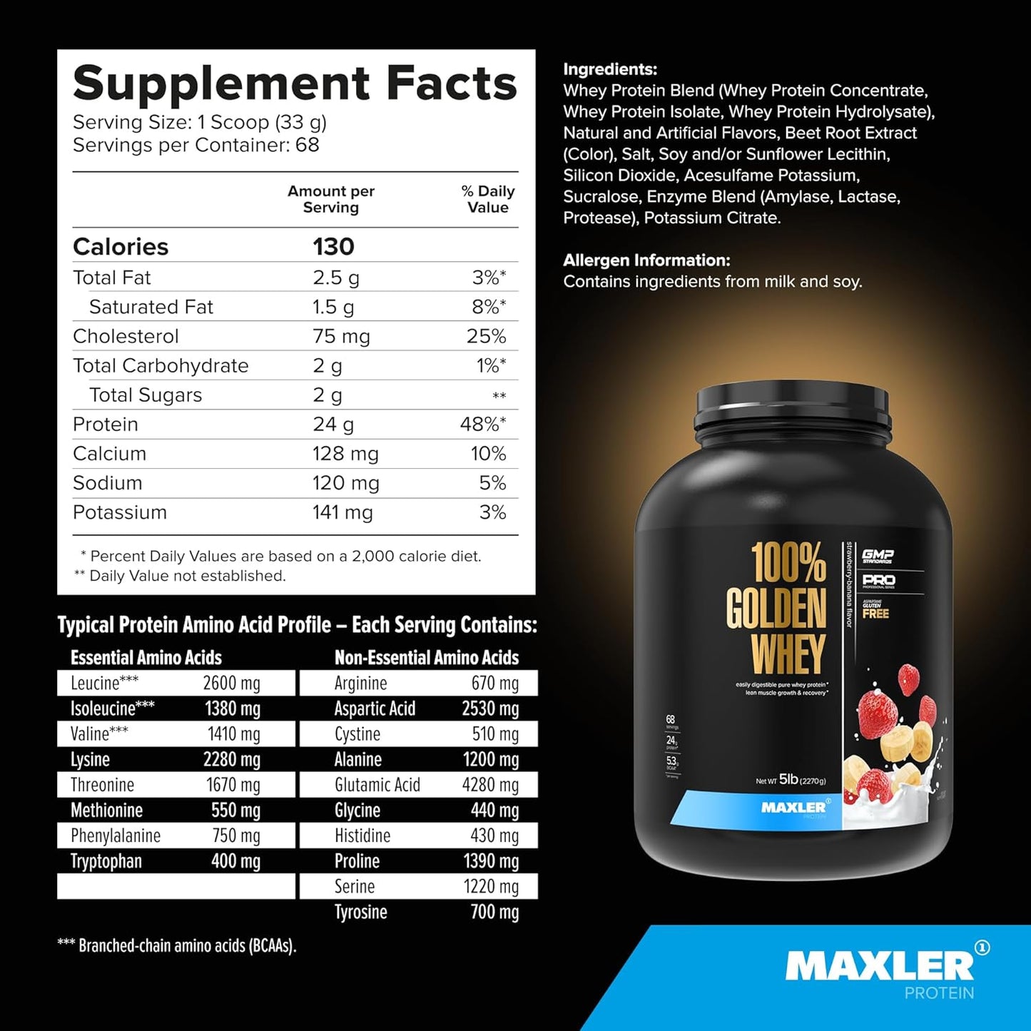 Maxler Golden Whey Protein Powder - 24g Protein per Serving - Strawberry Banana Flavor - Premium Blend of Whey Concentrate, Isolate & Hydrolysate - Ideal for Pre and Post Workout - 5 lbs