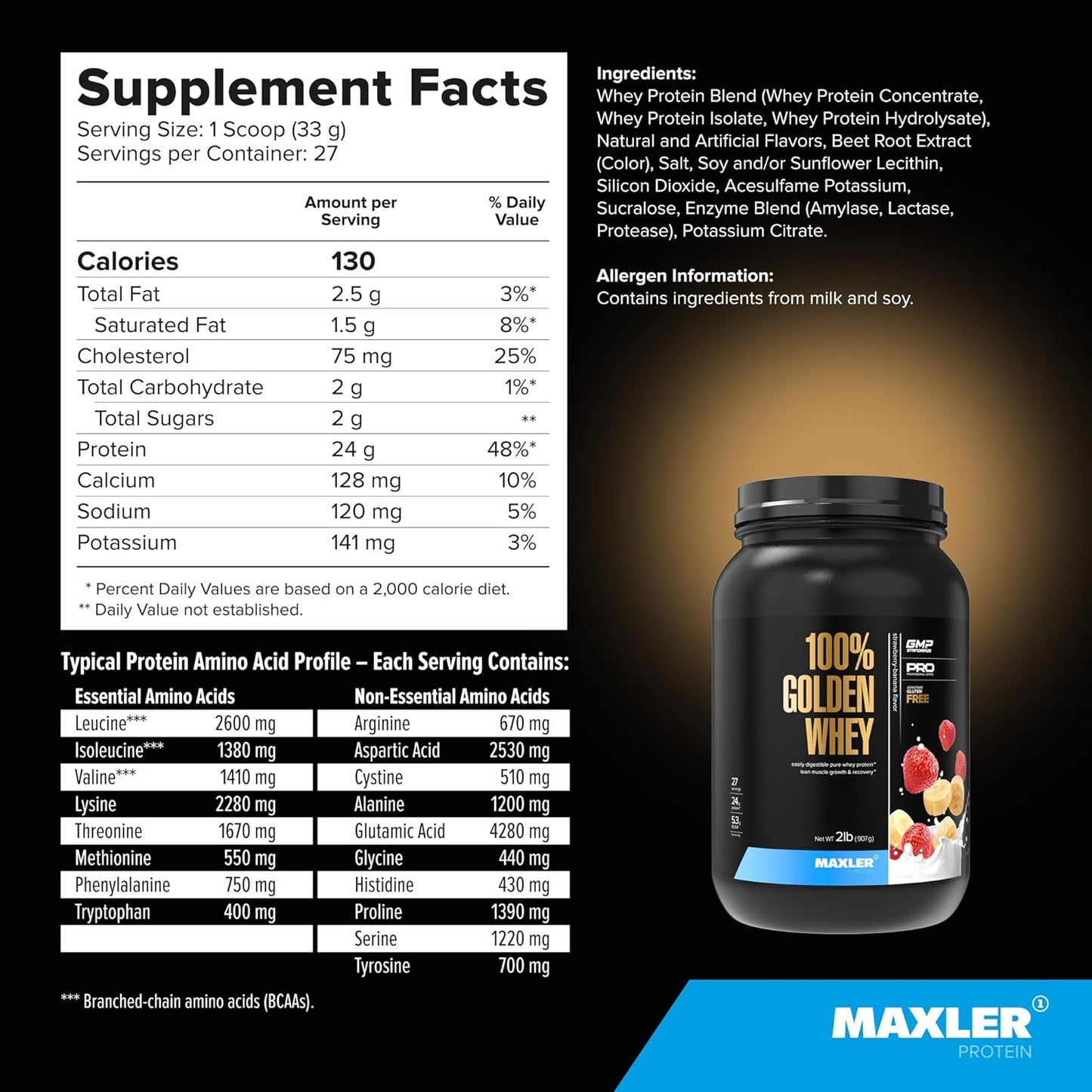 Maxler Golden Whey Protein Powder - 24g Protein/Serving - Fast-Absorbing Blend of Whey Concentrate, Isolate & Hydrolysate - Strawberry Banana Flavor - 2 lbs