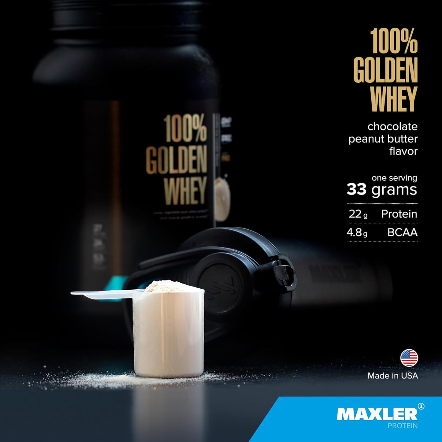 Maxler Golden Whey Protein Powder - Chocolate Peanut Butter Flavor - 22g Protein Per Serving - Fast-Absorbing Blend for Pre, Post, and Intra Workout - 2 lbs