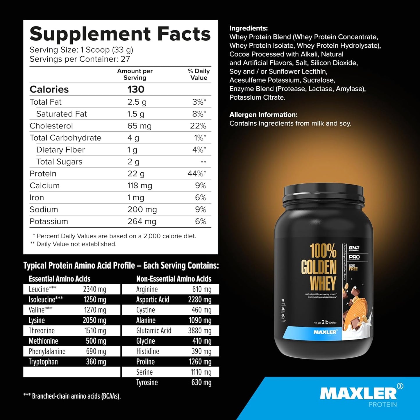 Maxler Golden Whey Protein Powder - Chocolate Peanut Butter Flavor - 22g Protein Per Serving - Fast-Absorbing Blend for Pre, Post, and Intra Workout - 2 lbs