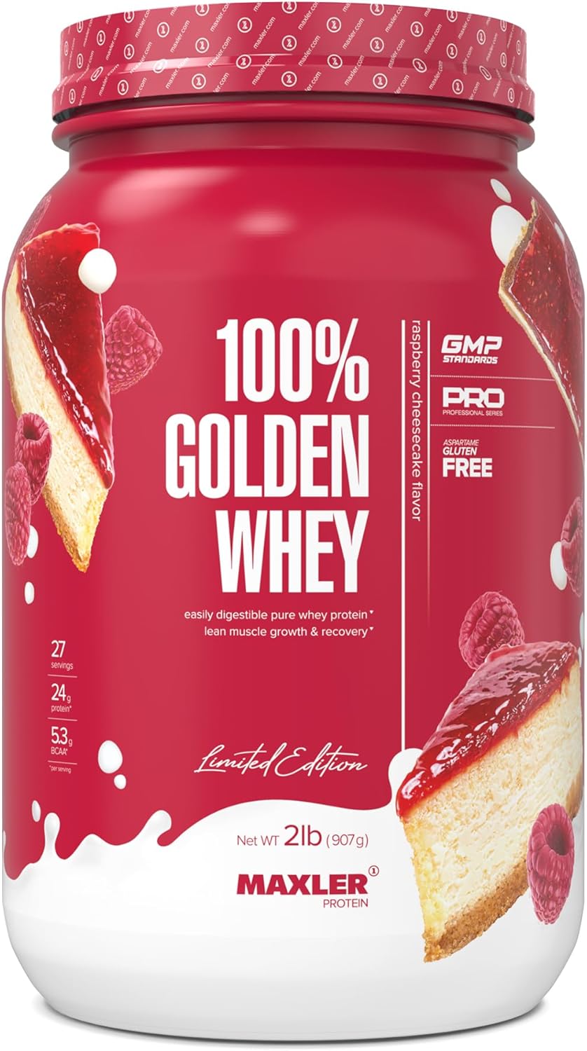 Maxler Golden Whey Protein Powder - Raspberry Cheesecake Flavor - 24g per Serving - Premium Blend for Pre and Post Workout - Fast-Absorbing Isolate and Hydrolysate Blend - 2 lb Pack