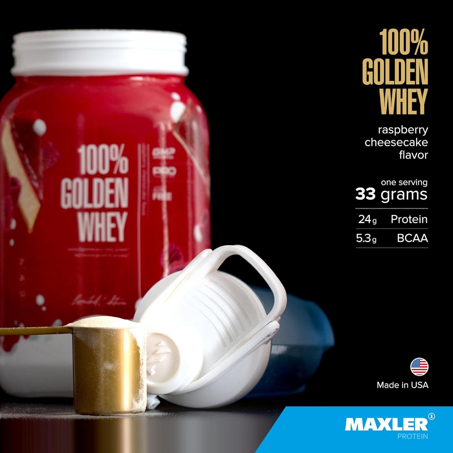 Maxler Golden Whey Protein Powder - Raspberry Cheesecake Flavor - 24g per Serving - Premium Blend for Pre and Post Workout - Fast-Absorbing Isolate and Hydrolysate Blend - 2 lb Pack