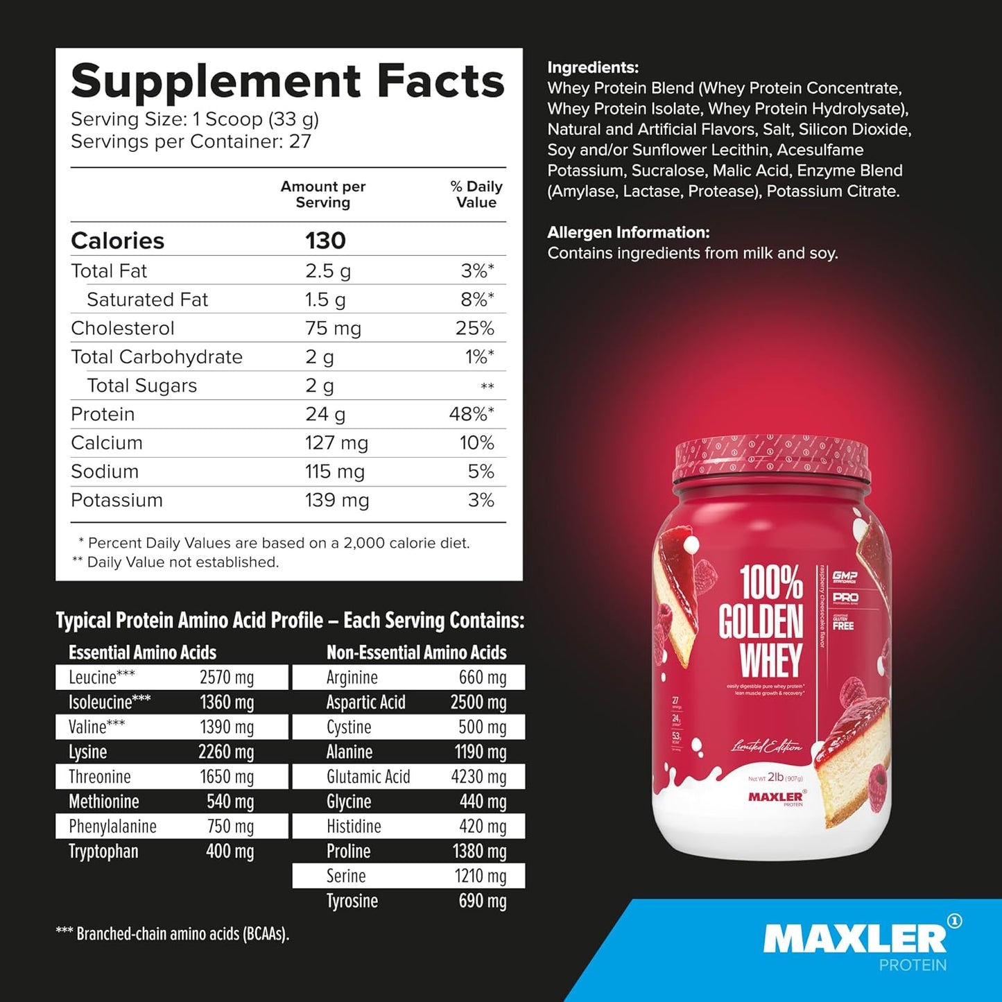 Maxler Golden Whey Protein Powder - Raspberry Cheesecake Flavor - 24g per Serving - Premium Blend for Pre and Post Workout - Fast-Absorbing Isolate and Hydrolysate Blend - 2 lb Pack