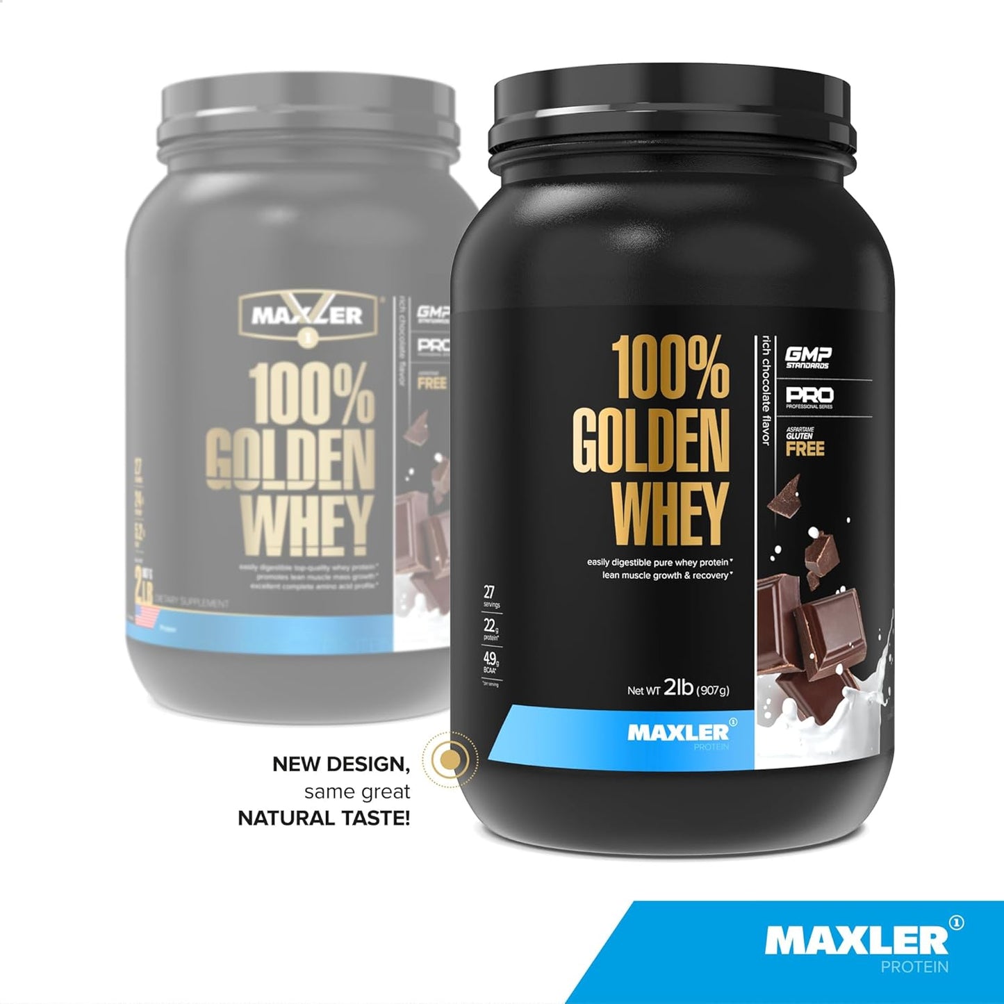 Maxler Golden Whey Protein Powder: Rich Chocolate, 22g Protein per Serving, Low Fat, Low Carb, Complete Amino Acids - 2 lbs