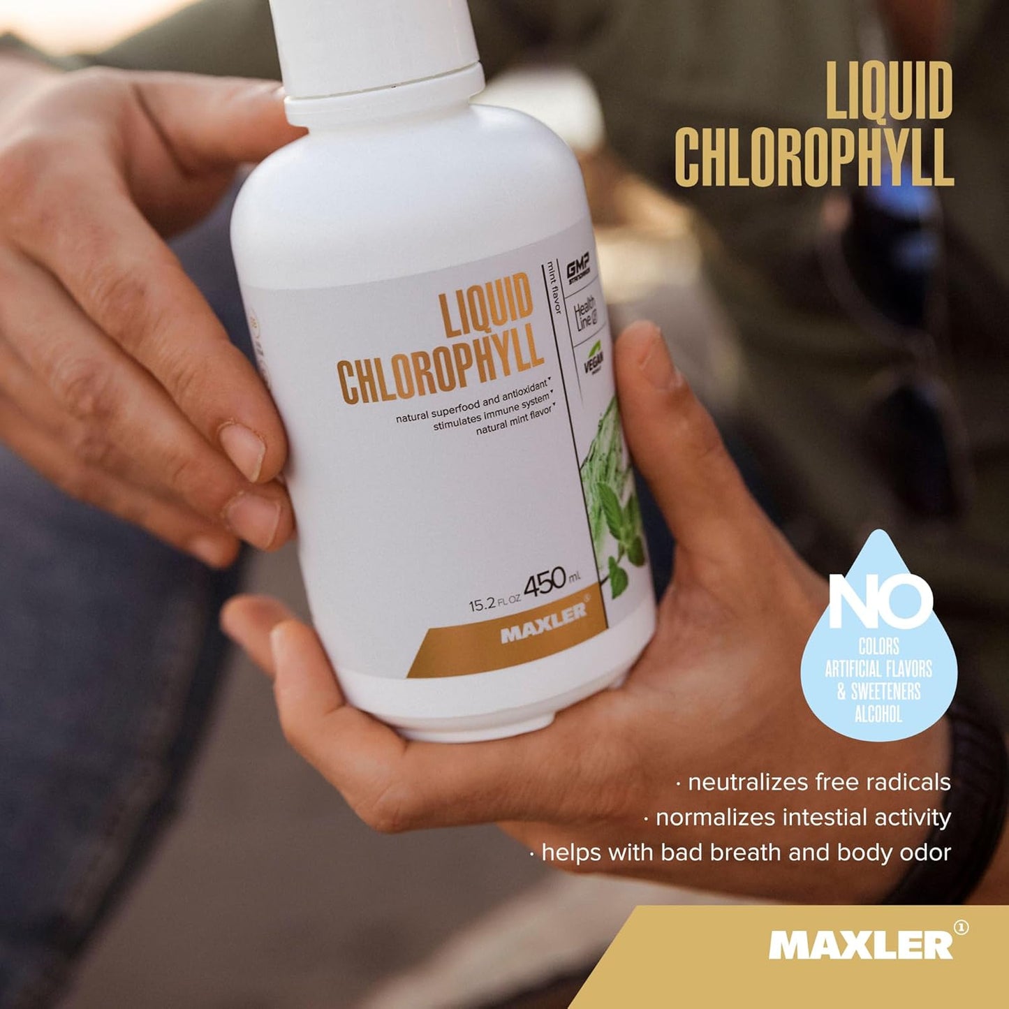 Maxler Liquid Chlorophyll Mint Flavor Supplement - Internal Deodorant for Body Odor & Bad Breath - Vegan Formula with 132mg Chlorophyllin per Serving - 15 Servings, 15.2 fl oz