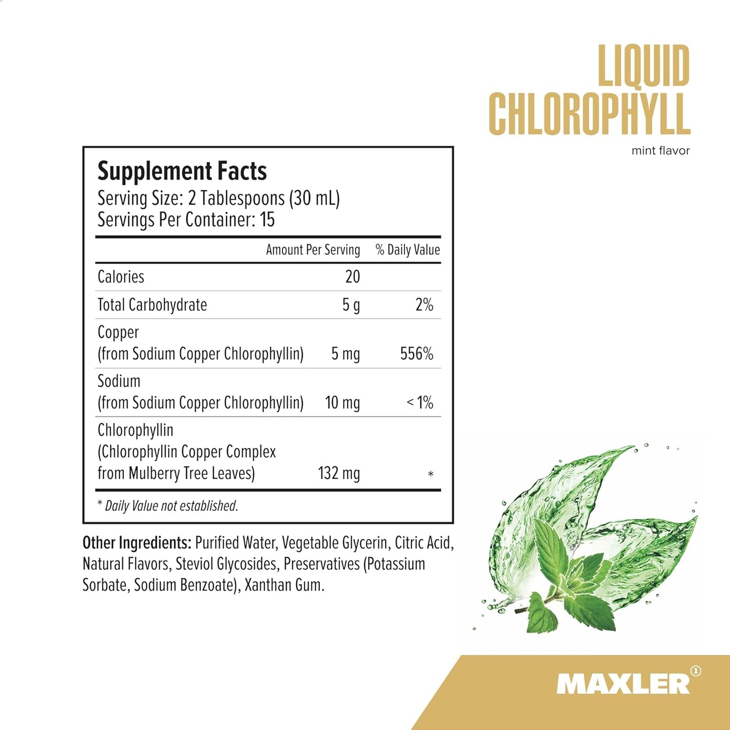 Maxler Liquid Chlorophyll Mint Flavor Supplement - Internal Deodorant for Body Odor & Bad Breath - Vegan Formula with 132mg Chlorophyllin per Serving - 15 Servings, 15.2 fl oz