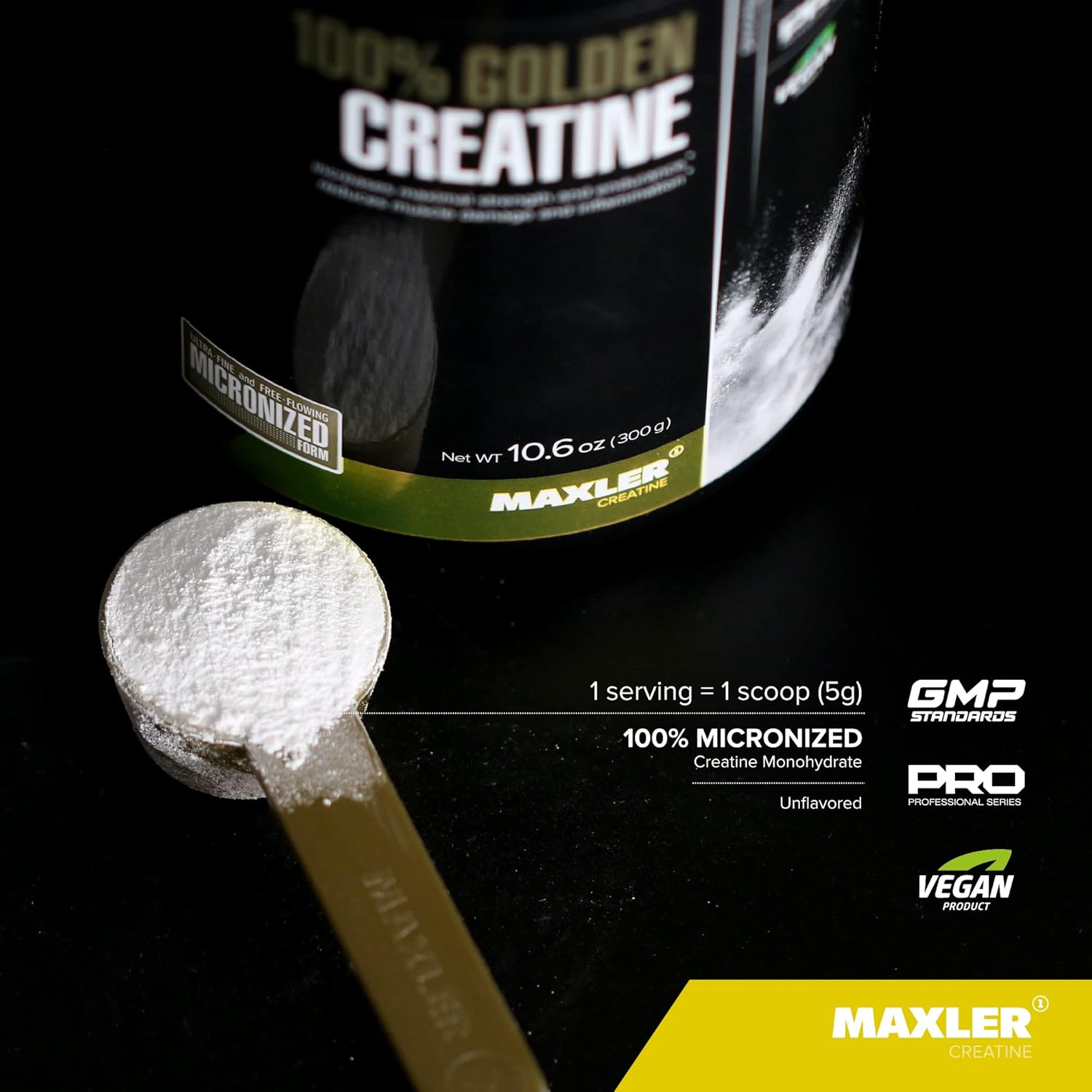 Maxler Micronized Creatine Monohydrate Powder - 100% Golden Creatine for Muscle Building - Pre/Post Workout Vegan Supplement - Gluten Free - 600g