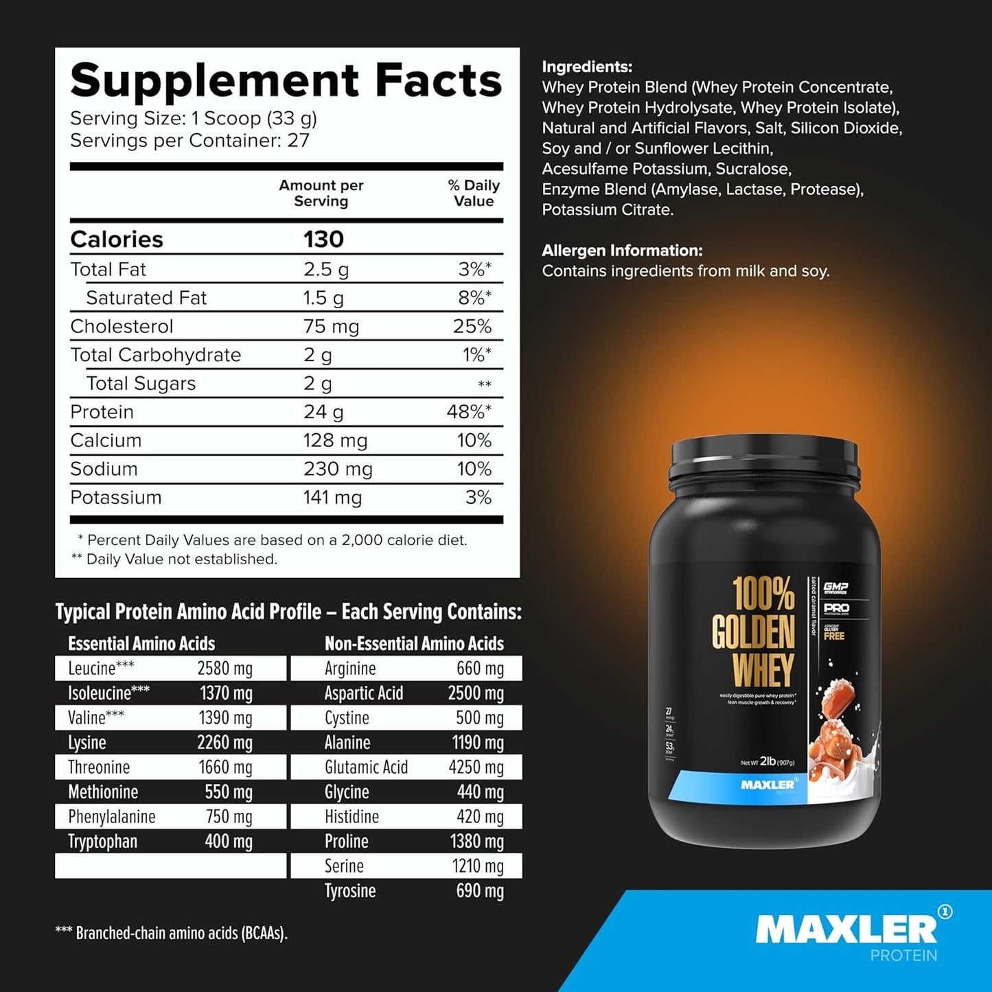 Maxler Salted Caramel Whey Protein Powder - 24g Protein per Serving - Fast-Absorbing Blend for Pre, Post & Intra Workout - 2 lbs