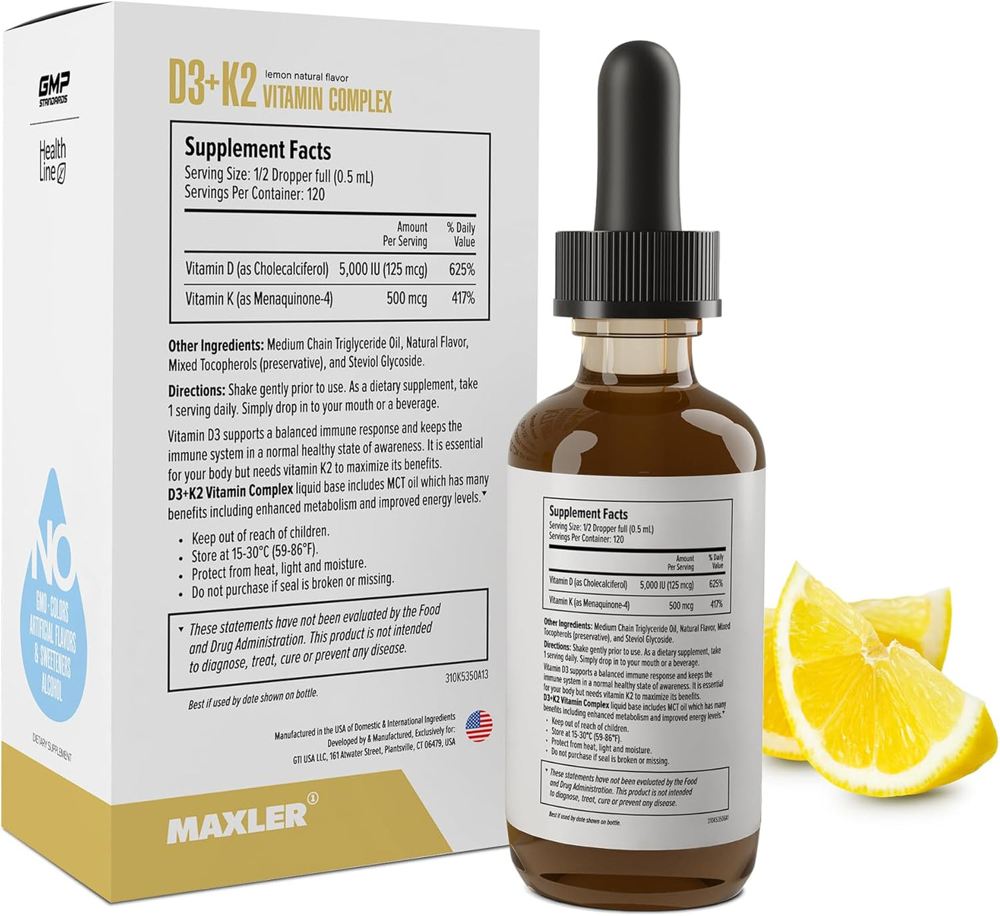 Maxler Vitamin D3 K2 Drops with MCT Oil - Heart, Bone & Immune Support - No GMO, No Colors, No Sweetener, No Alcohol - 5000 IU Vitamin D3 & 500 mcg Vitamin K2 - 120 Servings Lemon Flavor