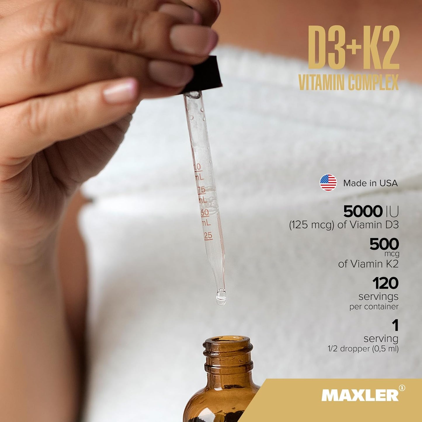 Maxler Vitamin D3 K2 Drops with MCT Oil - Heart, Bone & Immune Support - No GMO, No Colors, No Sweetener, No Alcohol - 5000 IU Vitamin D3 & 500 mcg Vitamin K2 - 120 Servings Lemon Flavor