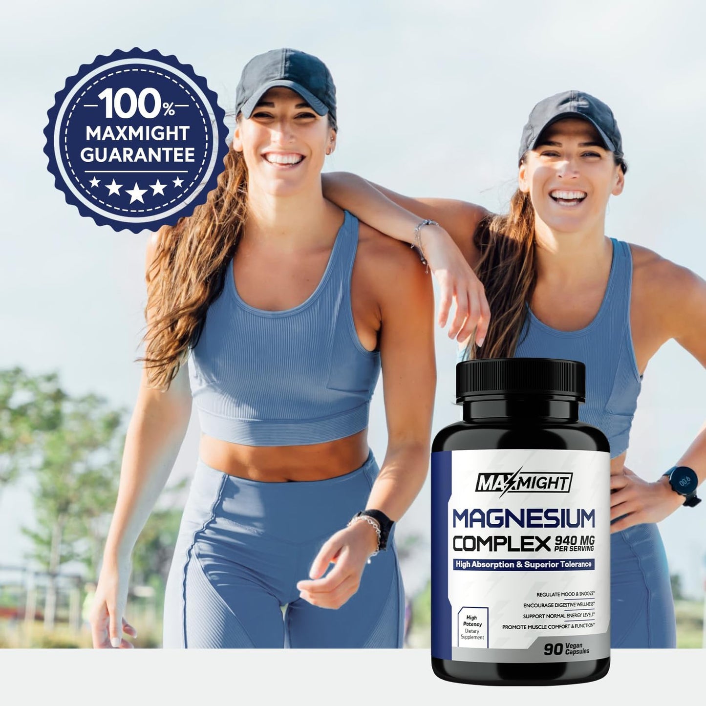 MaxMight Magnesium Complex - 210mg Elemental Magnesium - Glycinate, Citrate & Malate - Non-GMO - Max Absorption - Muscle, Mood, Energy Support - 90 Vegan Capsules