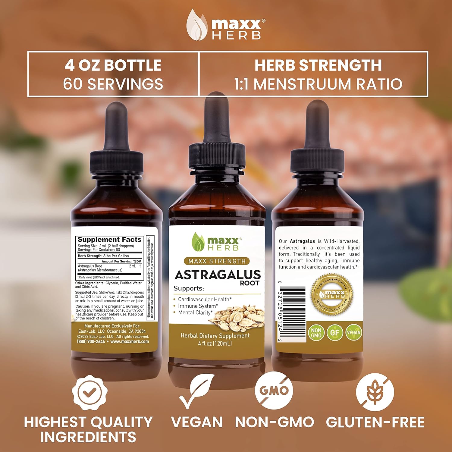 Maxx Herb Astragalus Root Extract Liquid Tincture - Immune Support & Mental Clarity - 4 Bottles, 4 Oz Each