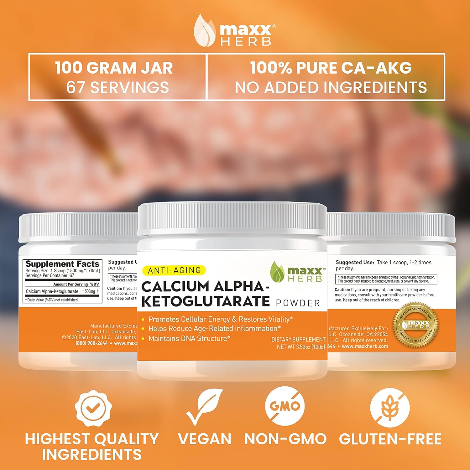 Maxx Herb Calcium Alpha-Ketoglutarate Powder - Energy, Vitality, Mental Focus, Gluten-Free - 300g (201 Servings) - Pack of 3