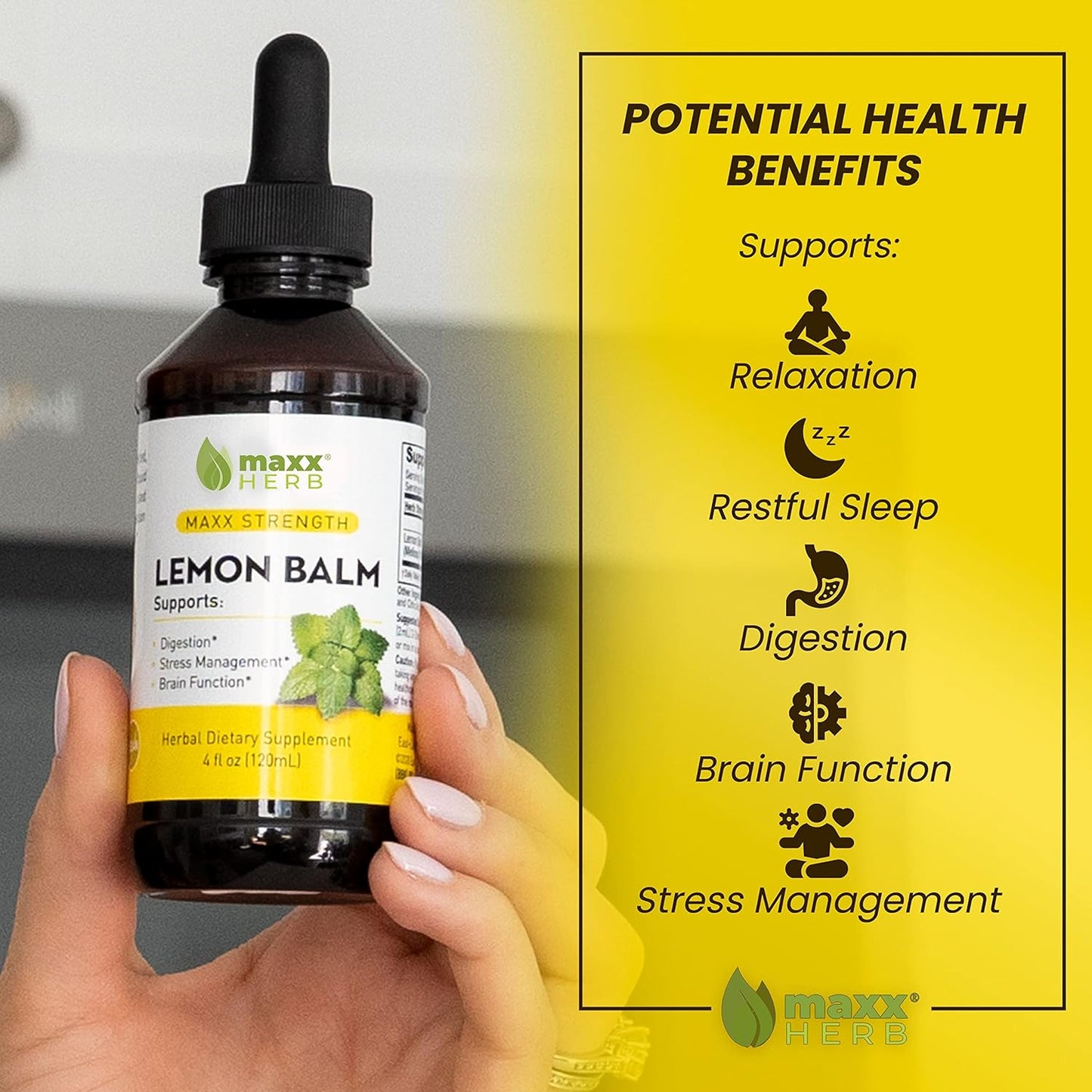 Maxx Herb Lemon Balm Extract - High Potency Liquid Tincture for Stress Relief and Nervous System Support - Alcohol-Free Formula - 4 Oz Bottle