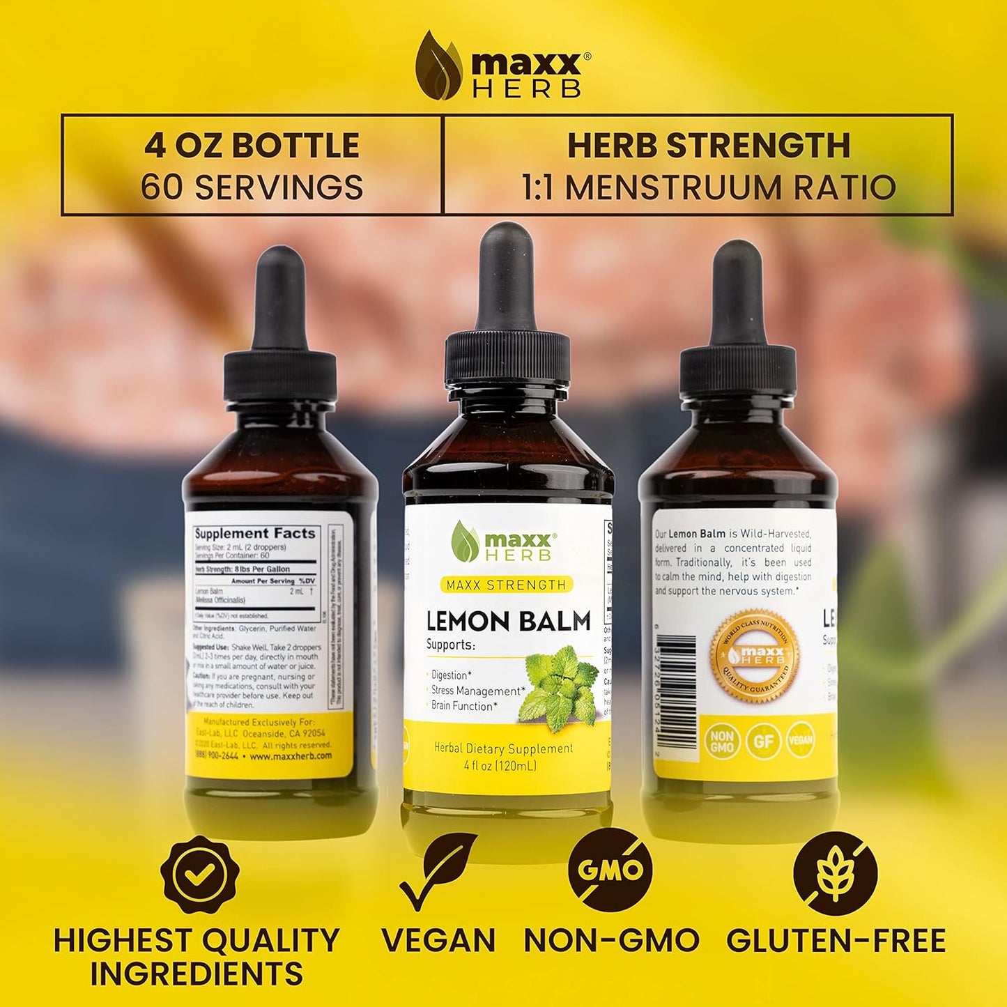 Maxx Herb Lemon Balm Extract - High Potency Liquid Tincture for Stress Relief and Nervous System Support - Alcohol-Free Formula - 4 Oz Bottle