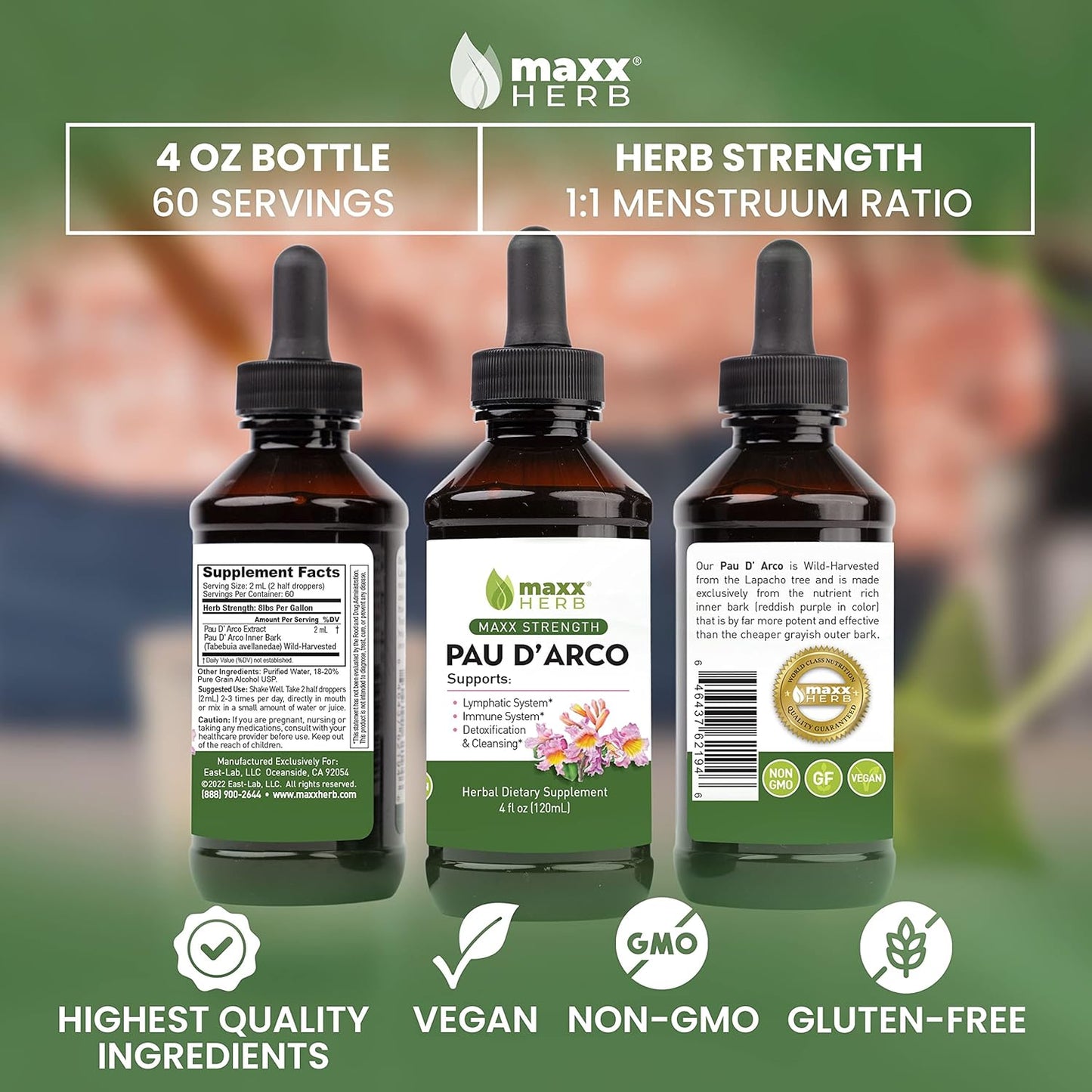 Maxx Herb PAU D'Arco Tincture - High Potency Immune Support Extract, Taheebo Tea Inner Bark - 4 Oz Bottle (60 Servings)