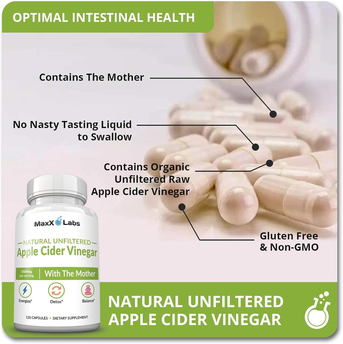 MaxX Labs Apple Cider Vinegar Capsules with The Mother + Vitamin K2 Supplement - Energy, Immunity, Digestion, Metabolism & Bone Support - 90 Capsules
