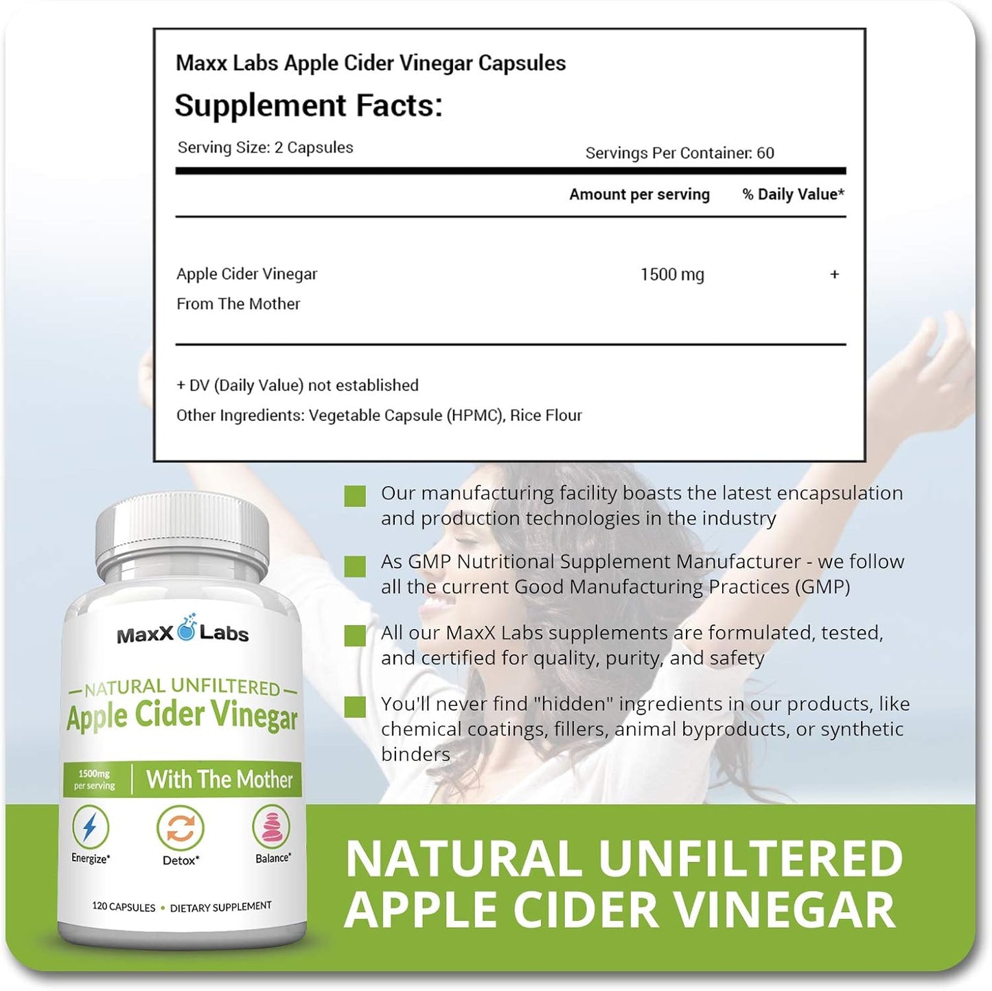 MaxX Labs Apple Cider Vinegar Capsules with The Mother + Vitamin K2 Supplement - Energy, Immunity, Digestion, Metabolism & Bone Support - 90 Capsules