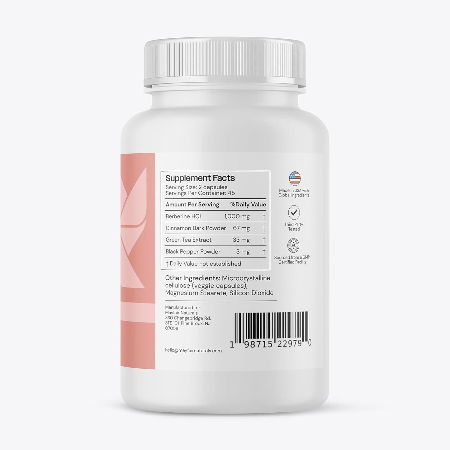 Mayfair Naturals Berberine Complex with Cinnamon, Green Tea, Black Pepper - 90 Capsules