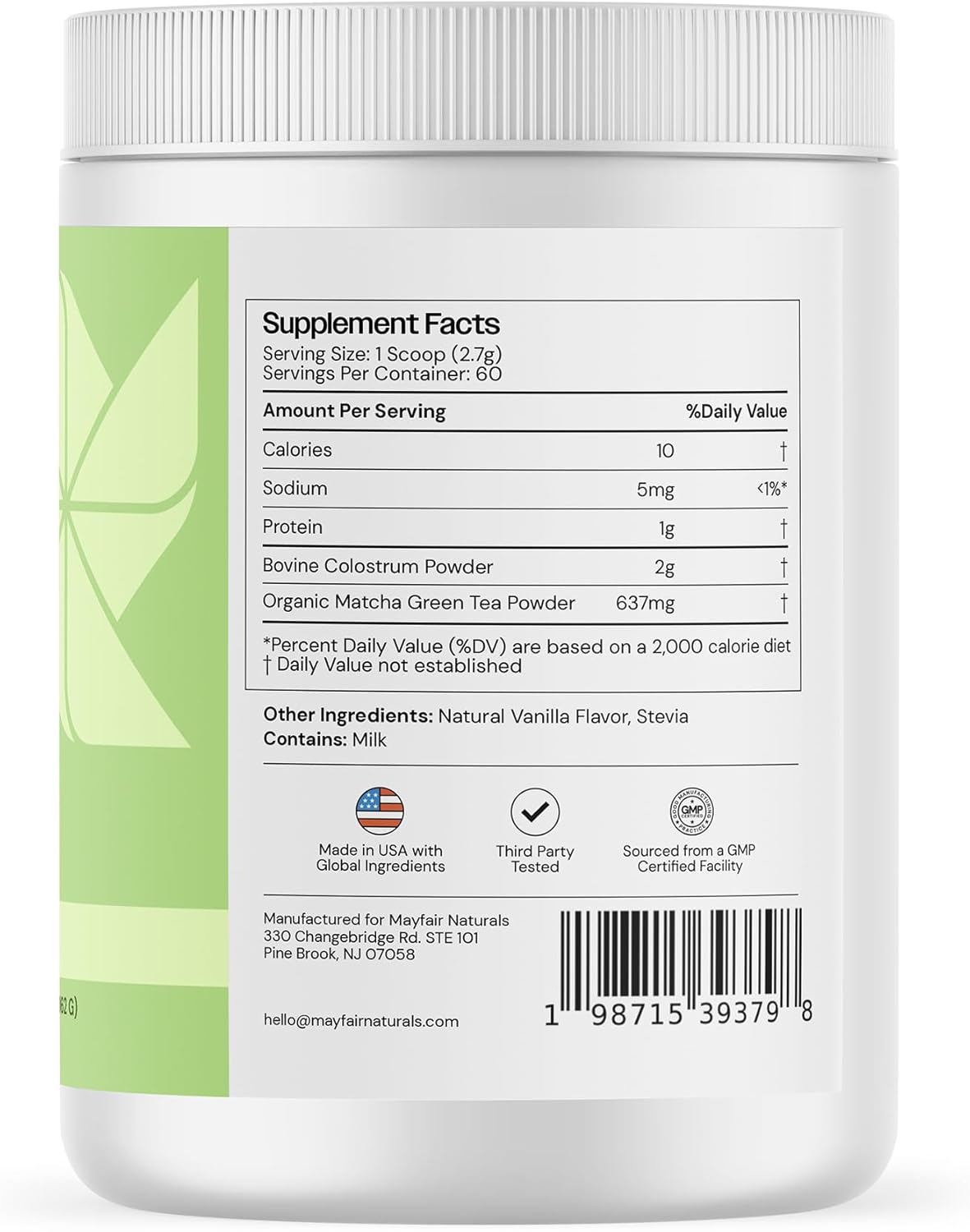 Mayfair Naturals Grass-Fed Bovine Colostrum & Matcha Green Tea Supplement - Immune Support for Kids & Adults - Gut Health & Muscle Recovery - 60 Servings