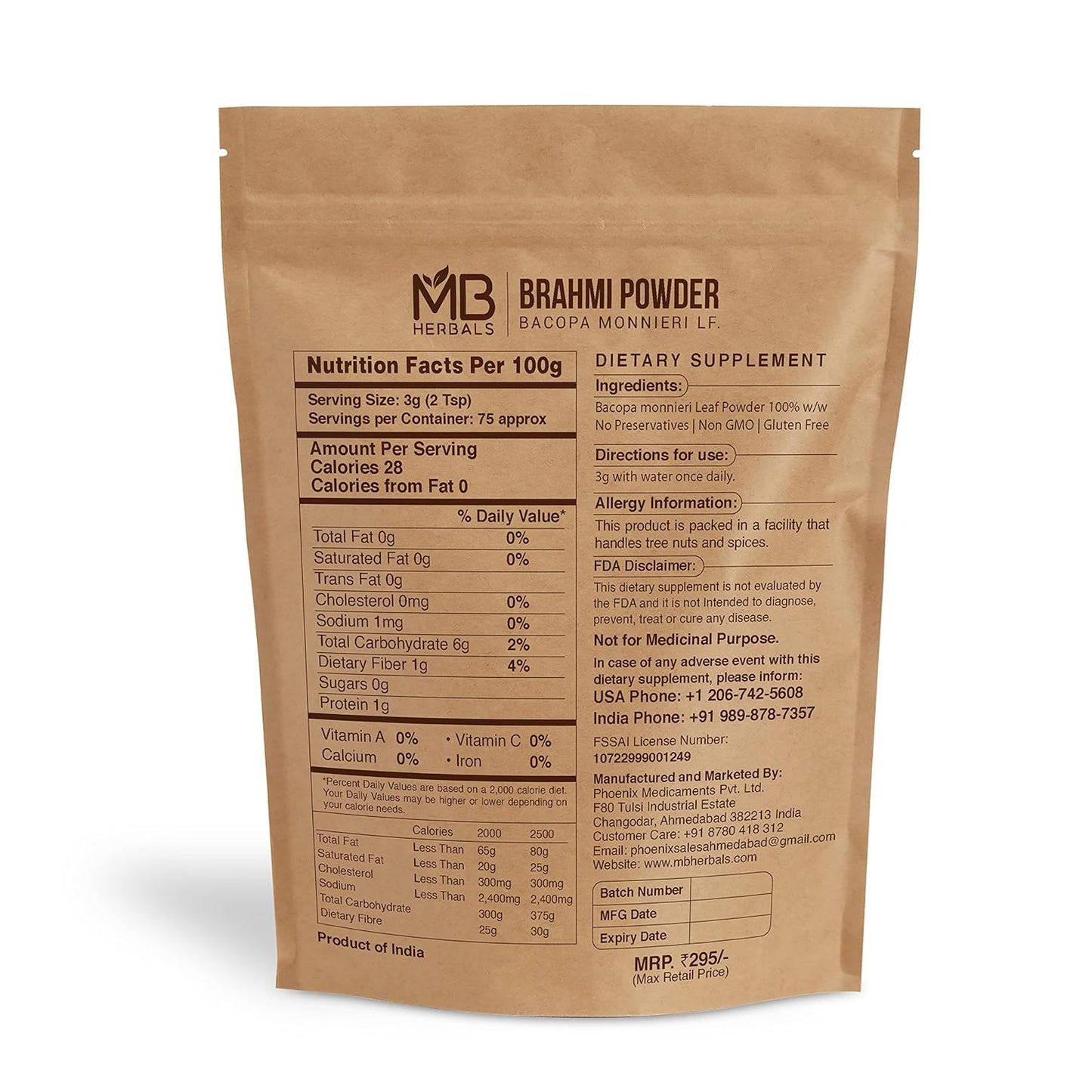 MB Herbals 227g Brahmi Powder - Pure Bacopa Powder for Hair Growth - Half Pound Size