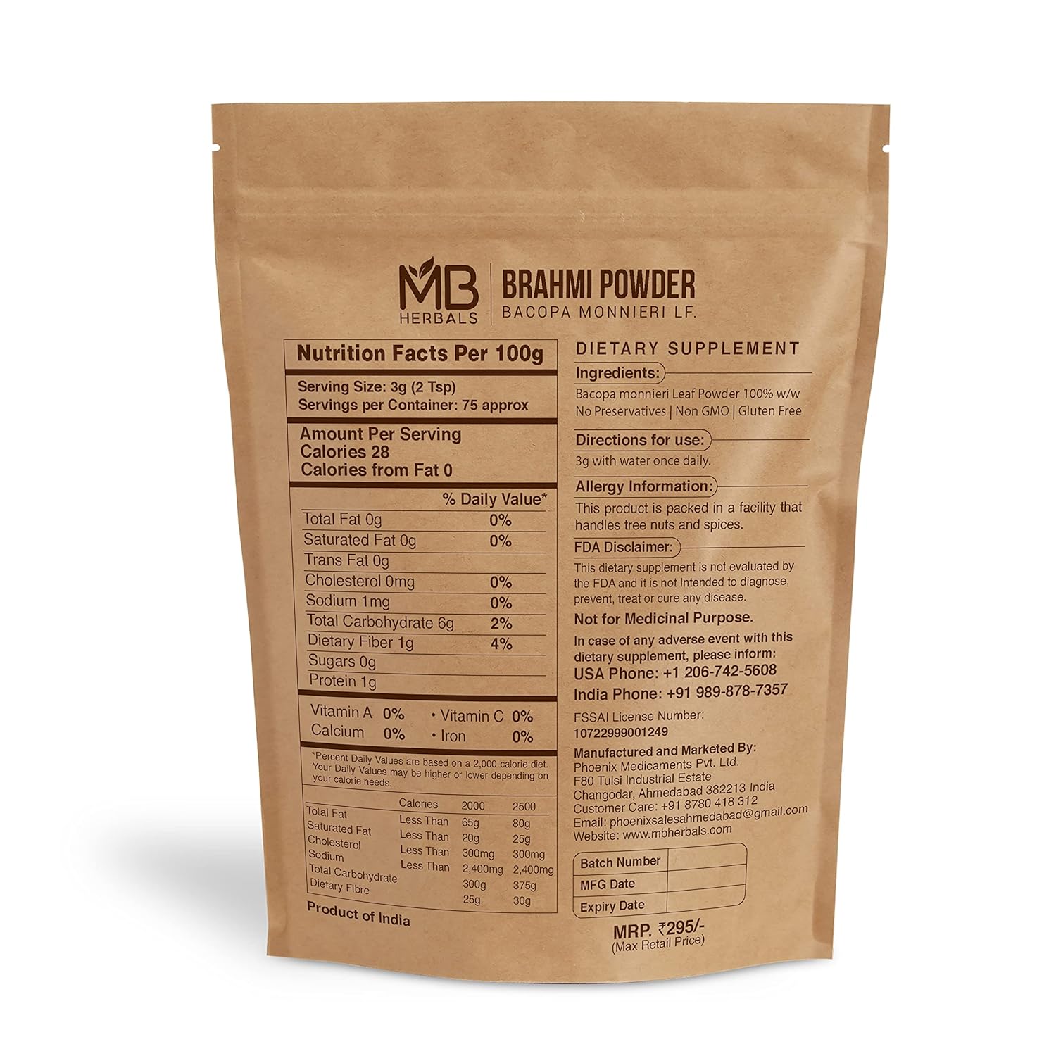 MB Herbals 227g Brahmi Powder - Pure Bacopa Powder for Hair Growth - Half Pound Size