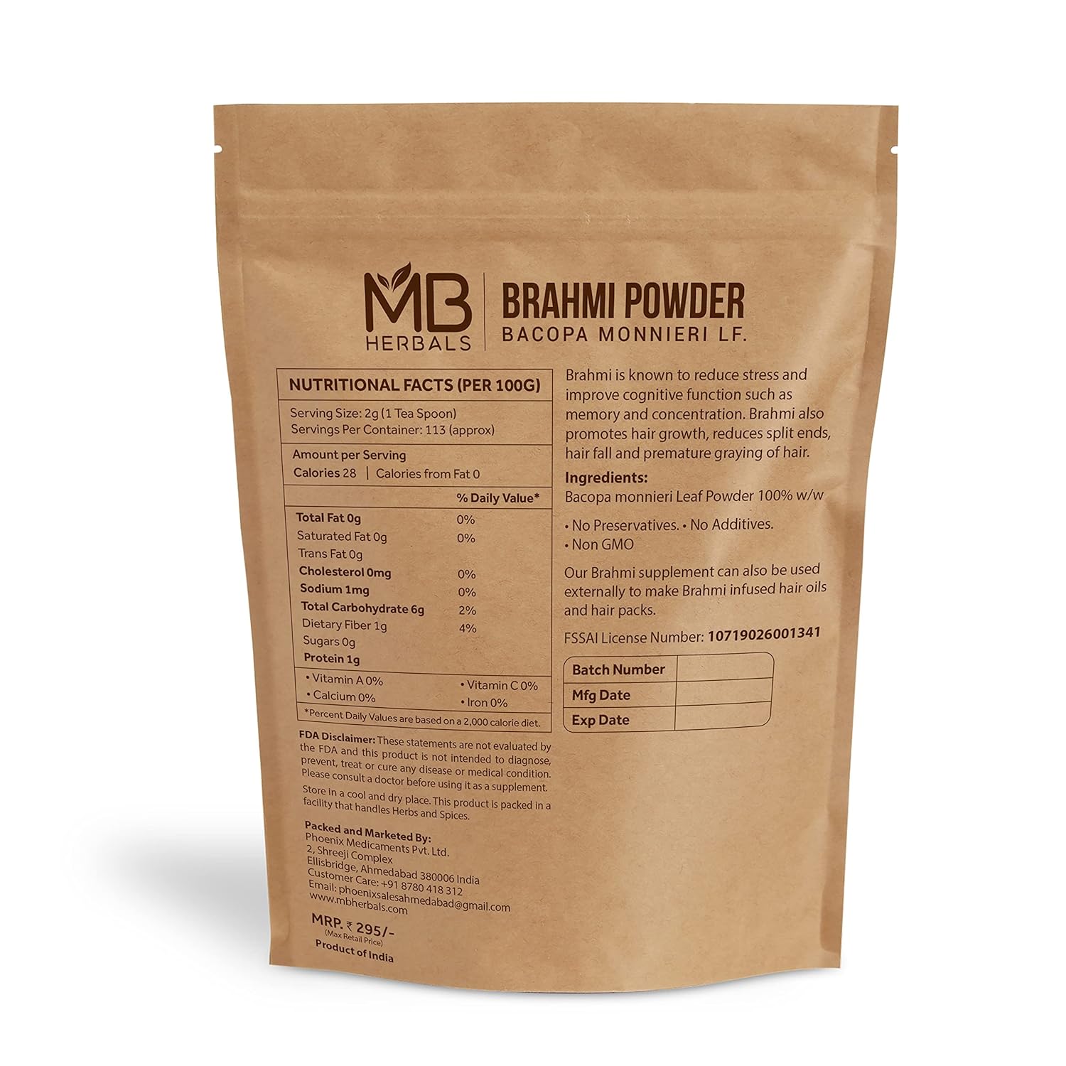 MB Herbals 227g Brahmi Powder - Pure Bacopa Powder for Hair Growth - Half Pound Size
