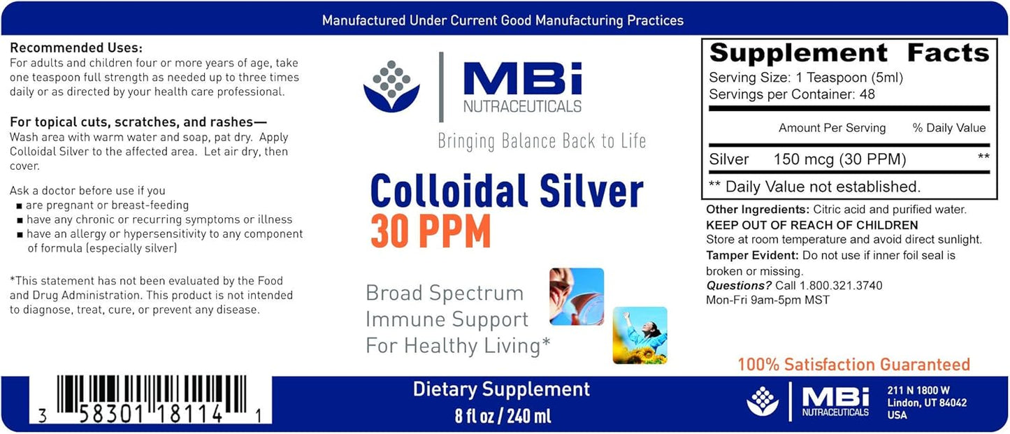 MBI Nutraceuticals Colloidal Silver 30 Parts Per Million - Natural Immune Support Supplement