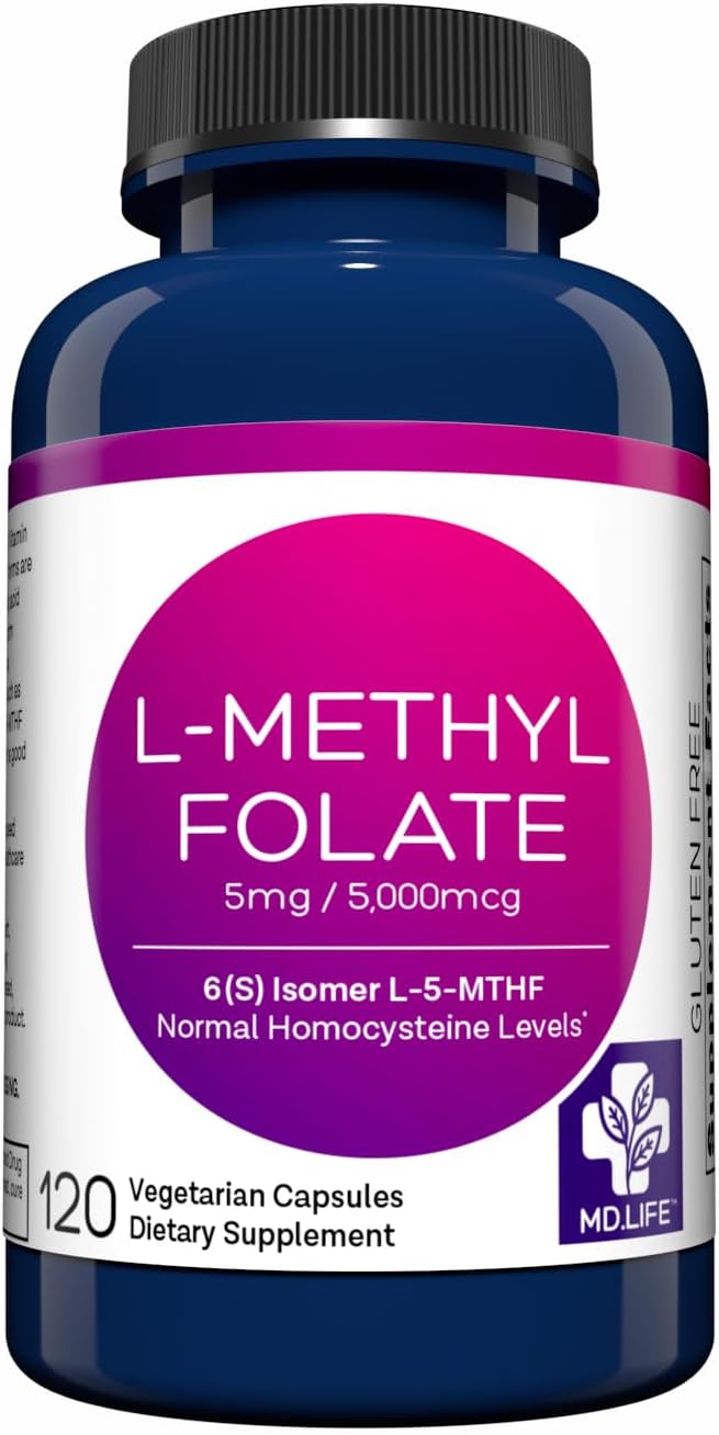 MD Life L-Methylfolate 5mg Capsules - Professional-Grade MTHFR Supplement for Maximum Potency - 120 Count Bottle of Essential Amino Acids