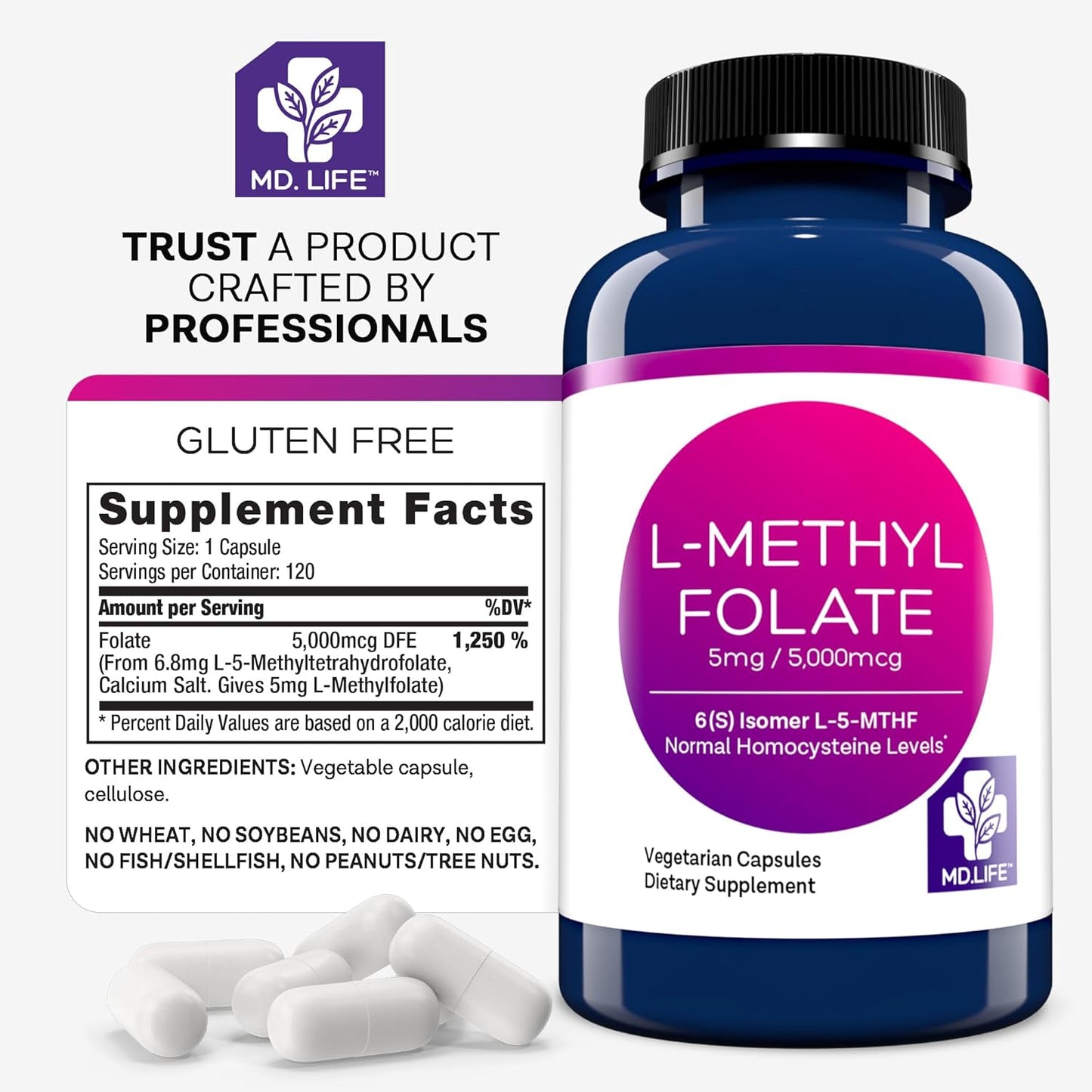 MD Life L-Methylfolate 5mg Capsules - Professional-Grade MTHFR Supplement for Maximum Potency - 120 Count Bottle of Essential Amino Acids