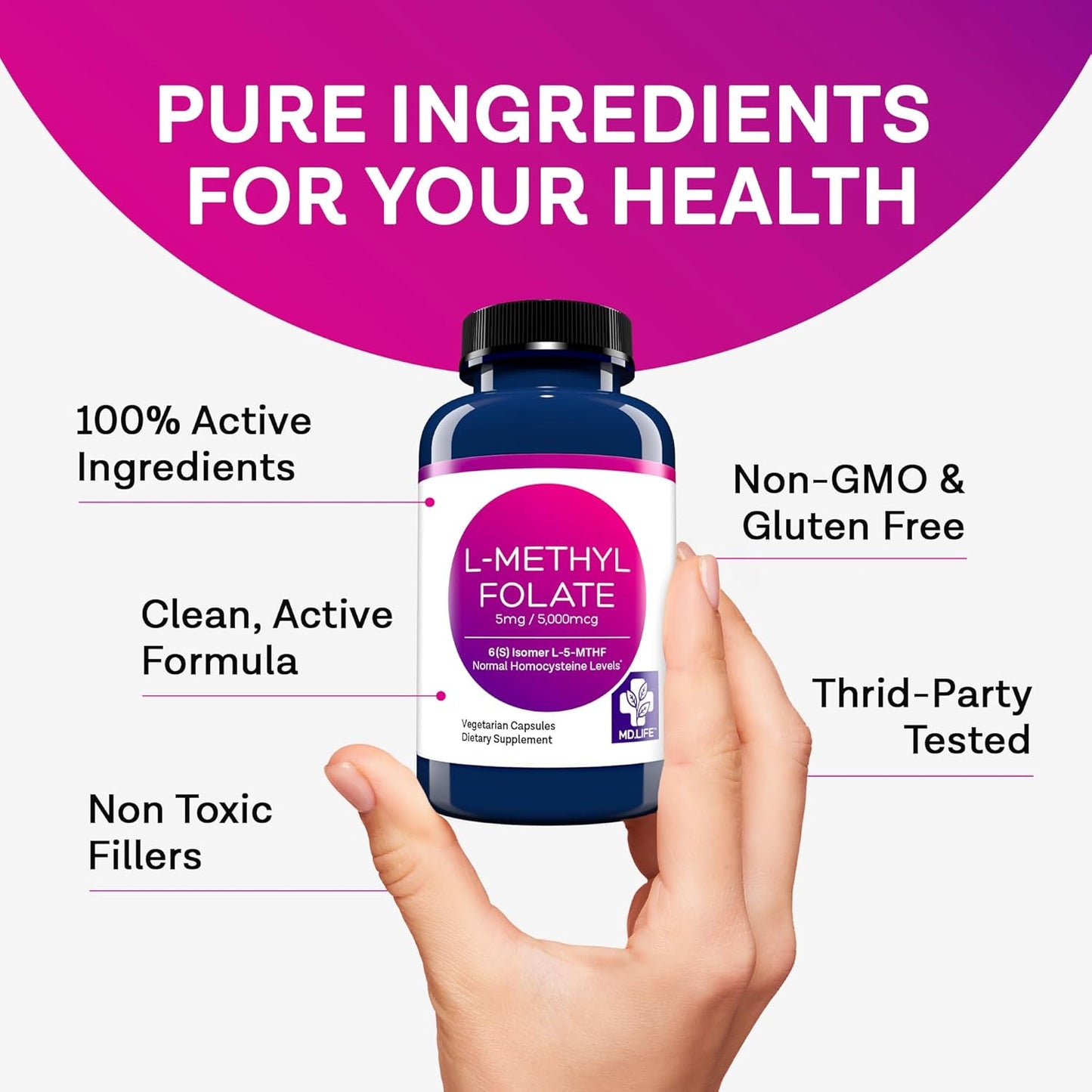 MD Life L-Methylfolate 5mg Capsules - Professional-Grade MTHFR Supplement for Maximum Potency - 120 Count Bottle of Essential Amino Acids