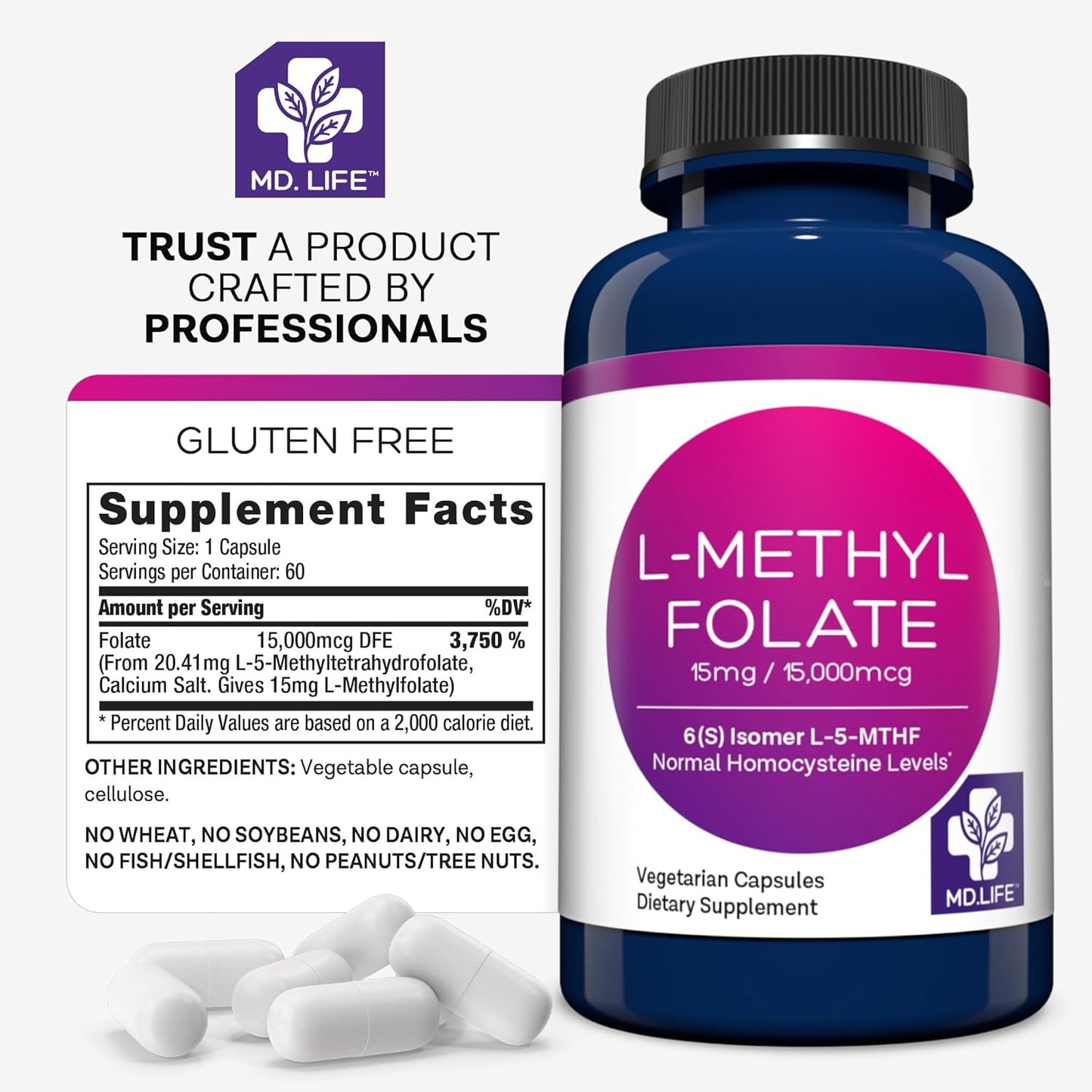 MD.LIFE L-Methylfolate 15mg Capsules - Professional-Grade MTHFR Supplement - Maximum Potency 60ct - Essential Amino Acids