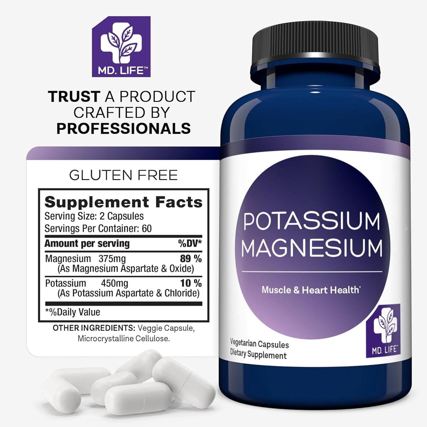 MD.LIFE Magnesium Potassium Supplement - 30 Capsules - High Absorption Complex for Vascular Health & Leg Cramp Relief