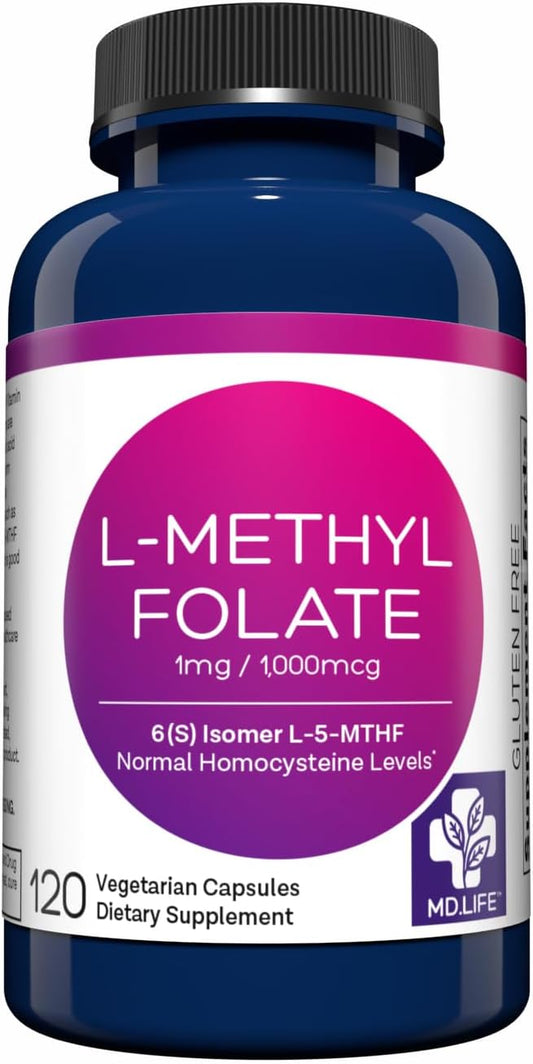 MD.LIFE Professional-Grade L Methylfolate 1mg Supplement - Maximum Potency MTHFR Support - 120 Capsules - Essential Amino Acids