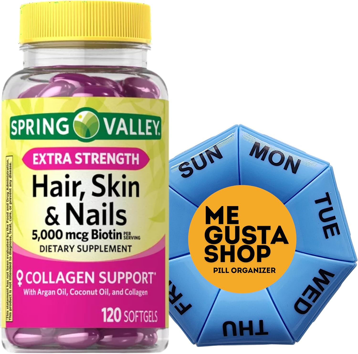 ME GUSTA SHOP Biotin Collagen Gelatin Supplement for Hair Skin Nails 120 ct with Pill Organizer - Extra Strength Dietary Spring Valley Formula
