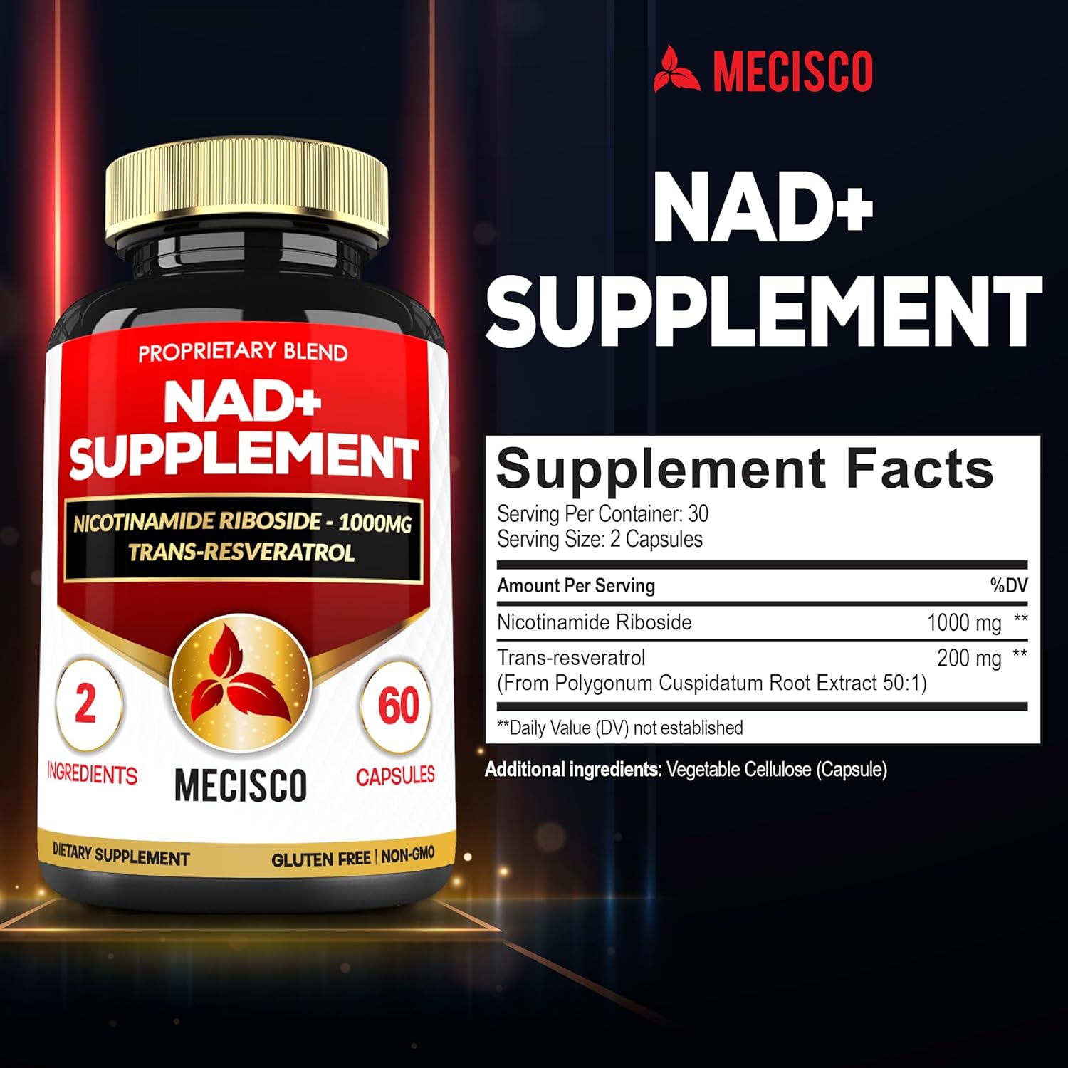 Mecisco 2in1 NAD+ Supplement - 1200Mg with Nicotinamide Riboside & Resveratrol - Cellular Repair & Healthy Aging - 60 Capsules