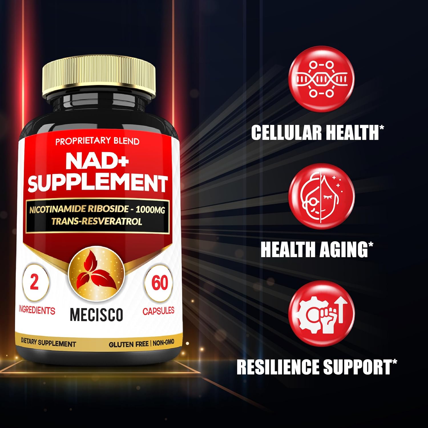 Mecisco 2in1 NAD+ Supplement - 1200Mg with Nicotinamide Riboside & Resveratrol - Cellular Repair & Healthy Aging - 60 Capsules