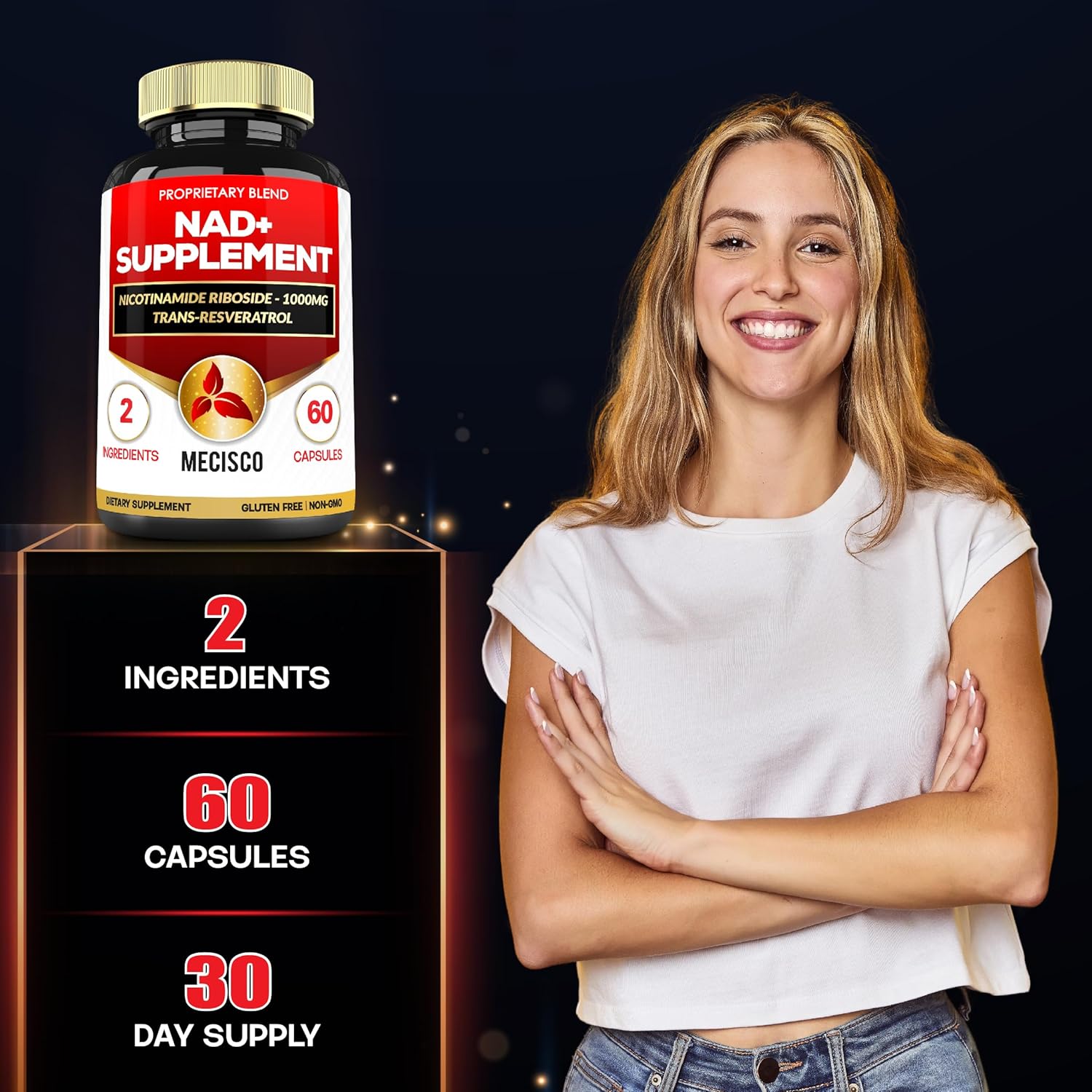 Mecisco 2in1 NAD+ Supplement - 1200Mg with Nicotinamide Riboside & Resveratrol - Cellular Repair & Healthy Aging - 60 Capsules