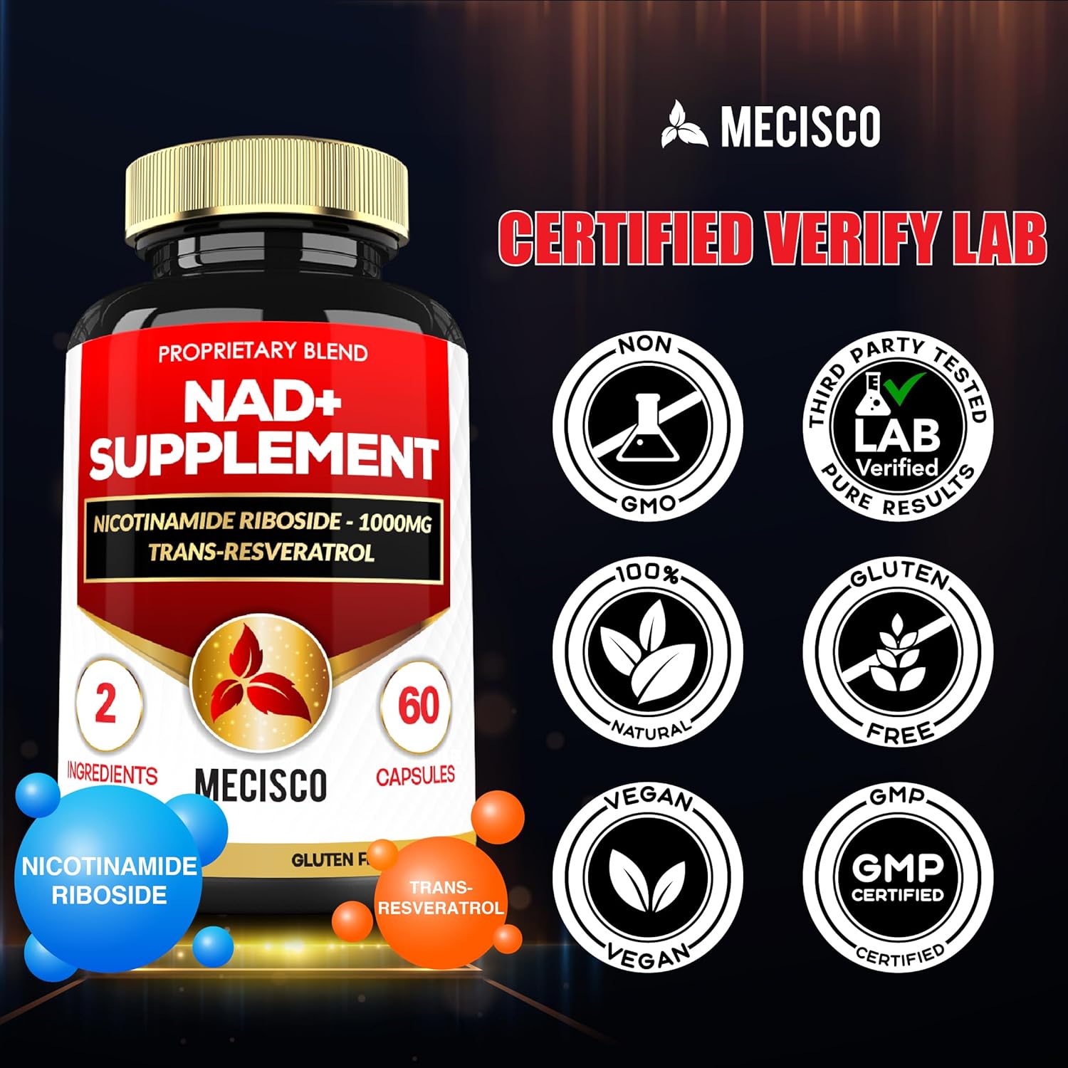 Mecisco 2in1 NAD+ Supplement - 1200Mg with Nicotinamide Riboside & Resveratrol - Cellular Repair & Healthy Aging - 60 Capsules