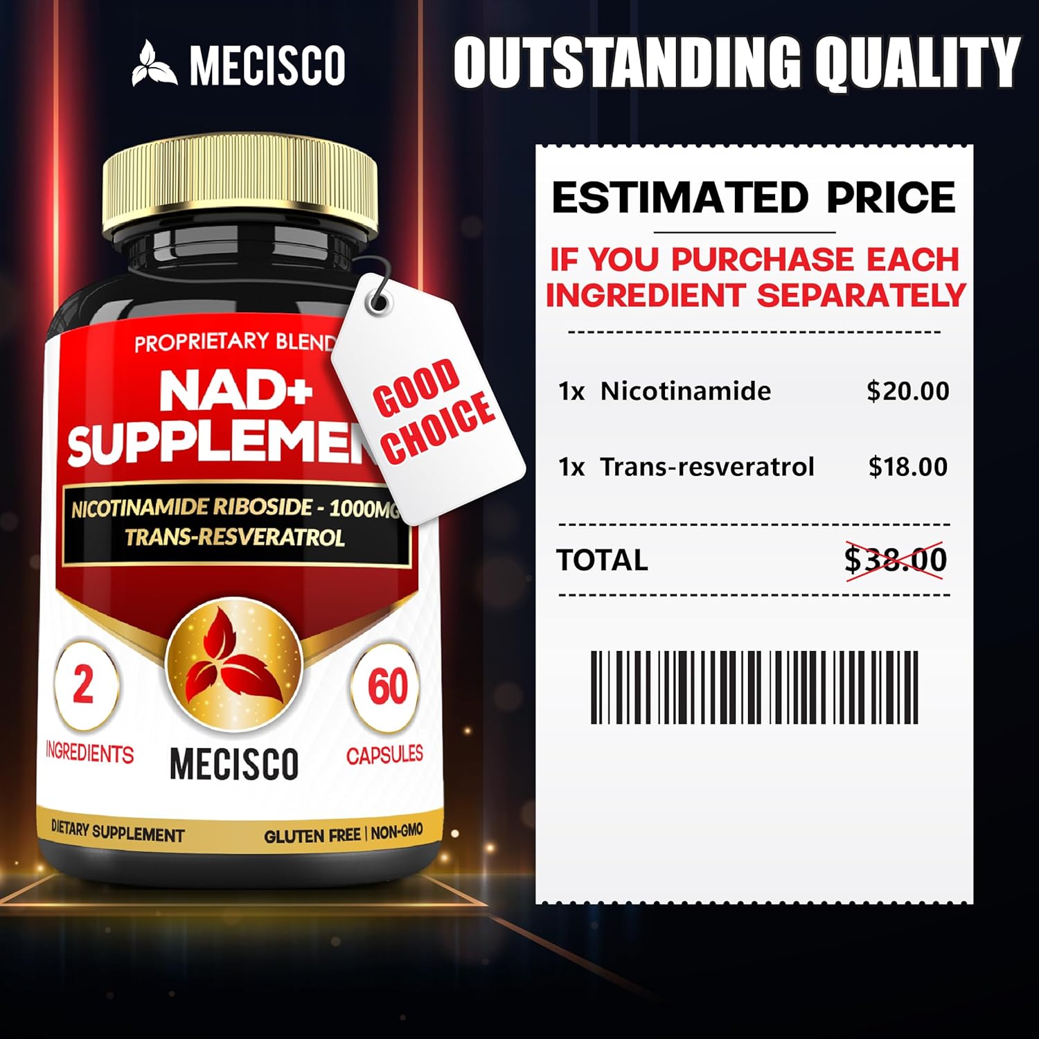 Mecisco 2in1 NAD+ Supplement - 1200Mg with Nicotinamide Riboside & Resveratrol - Cellular Repair & Healthy Aging - 60 Capsules