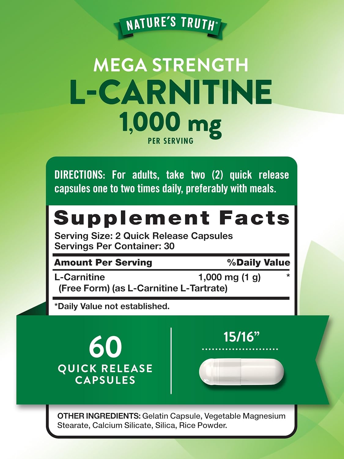 Mega Strength L-Carnitine 1000mg Supplement | 60 Capsules | Free Form | Non-GMO & Gluten Free | Nature's Truth